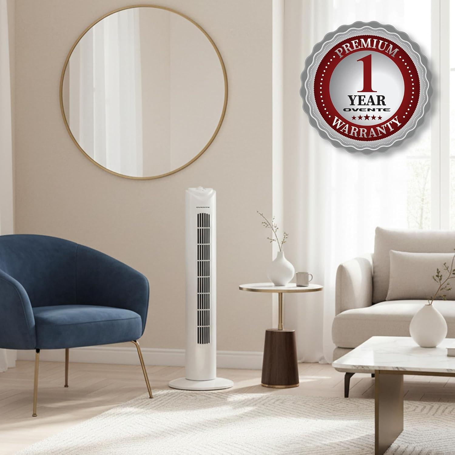 imageOVENTE Oscillating Tower Fan with Remote Control 3Speed LCD Panel amp 8H Timer 305 Quiet amp Bladeless Indoor Standing Floor Fan Blows Cold Air for Home Bedroom Living Room or Office Silver TF88SWhite