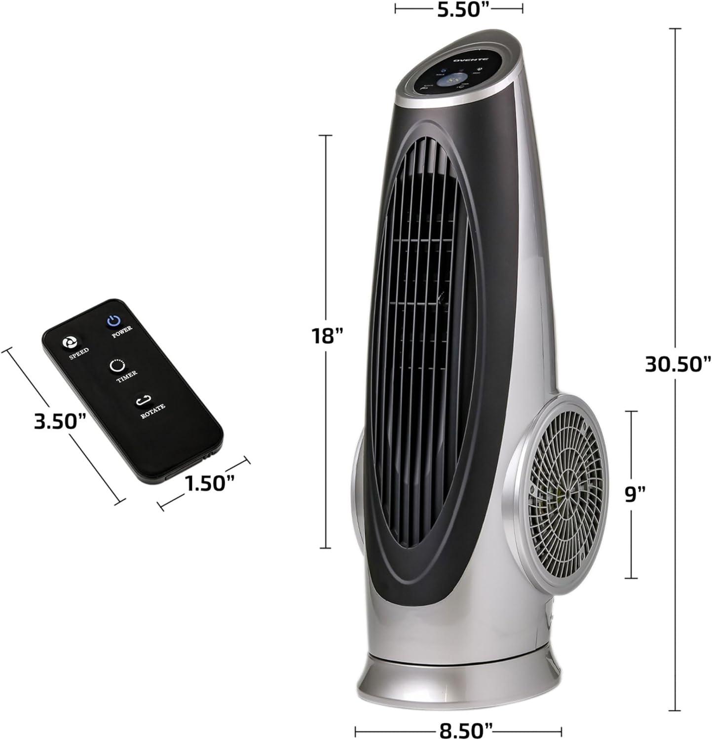 imageOVENTE Oscillating Tower Fan with Remote Control 3Speed LCD Panel amp 8H Timer 305 Quiet amp Bladeless Indoor Standing Floor Fan Blows Cold Air for Home Bedroom Living Room or Office Silver TF88SSilver