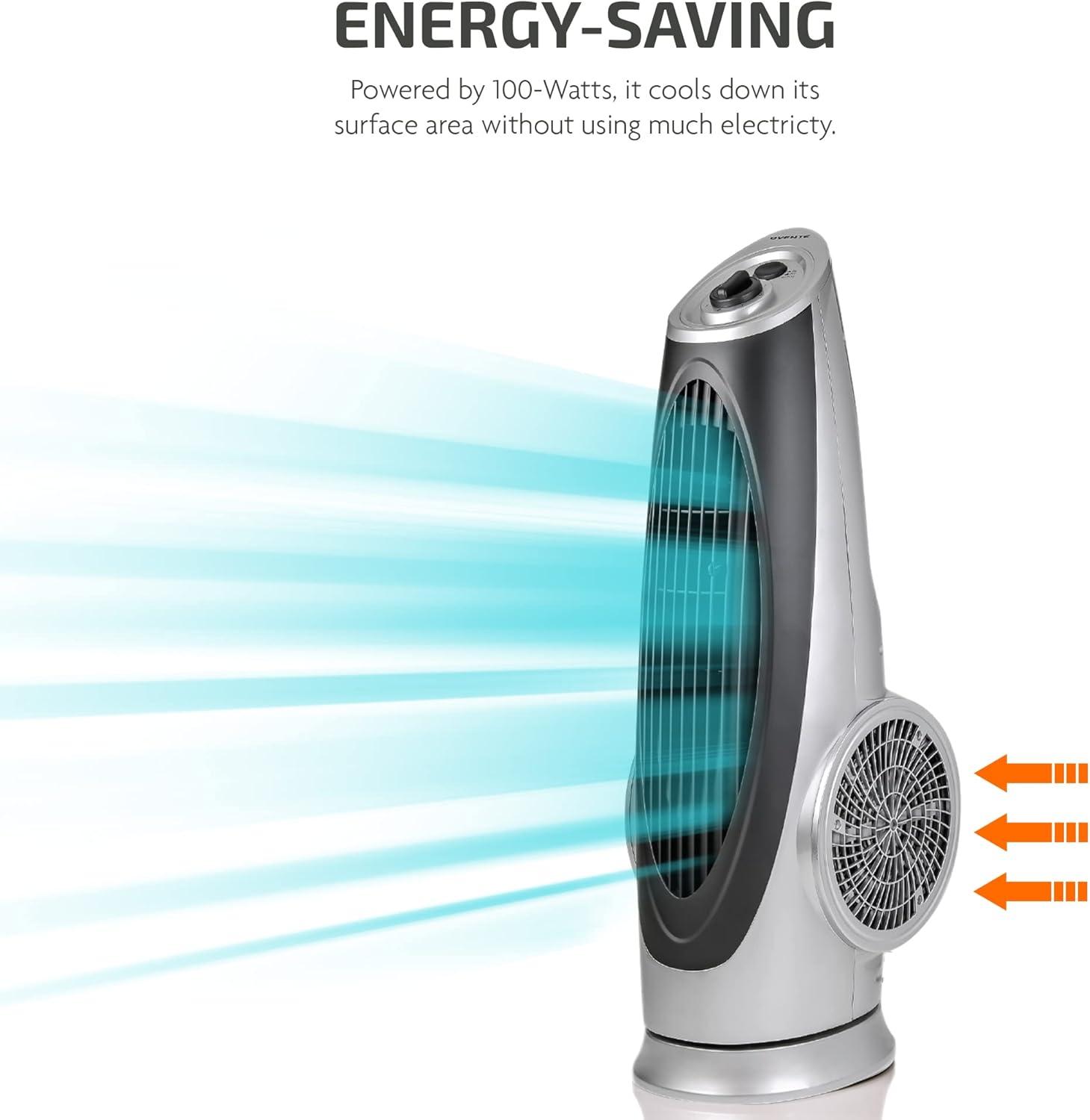 imageOvente Portable Electric 304 Inch 90 Oscillating Tower Fan with 3 Speeds controlled by Manual Analog Knob with LowNoise Technology Cool Air Breeze Indoor Bedroom Home Office Silver TF87S
