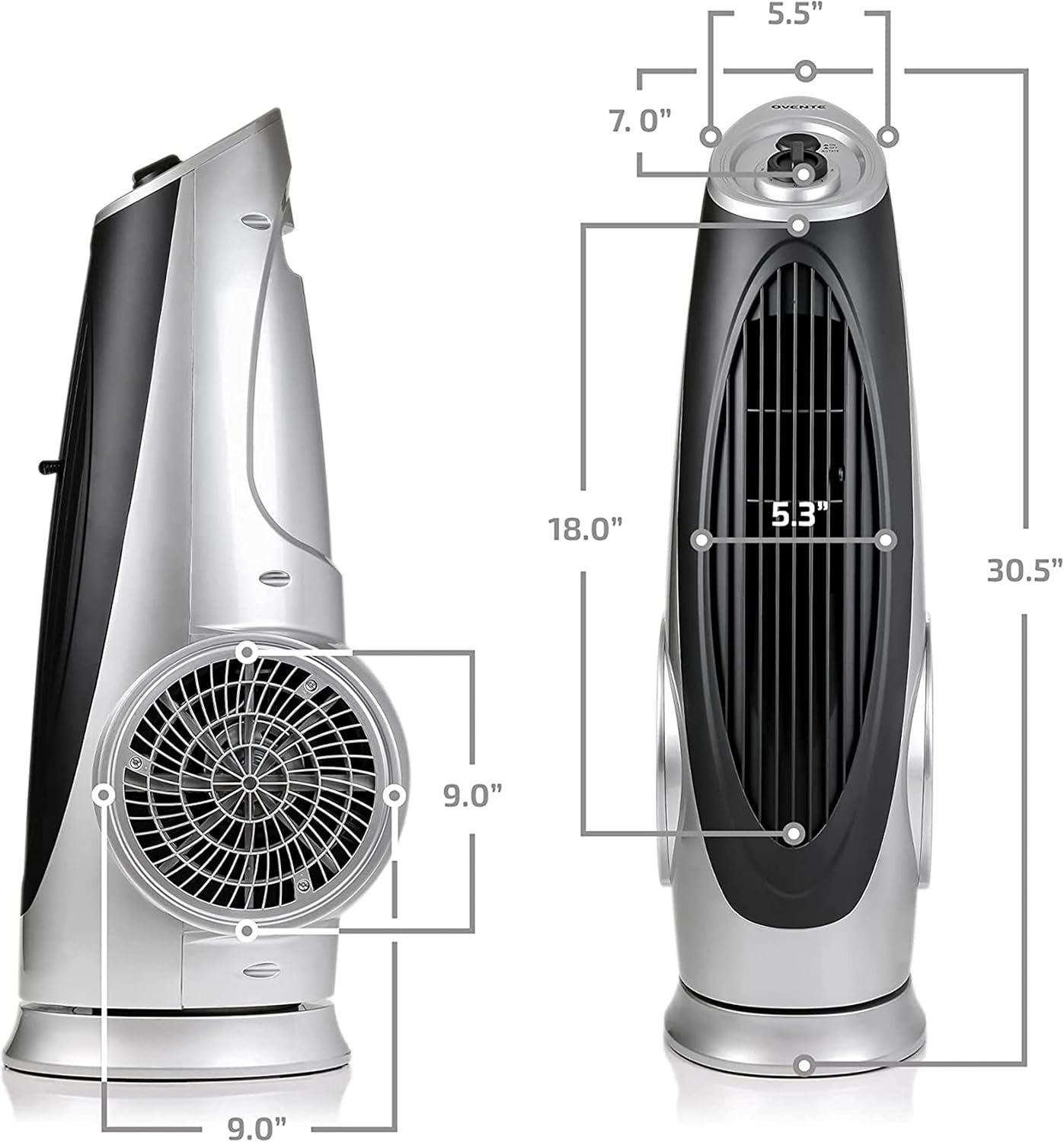 imageOvente Portable Electric 304 Inch 90 Oscillating Tower Fan with 3 Speeds controlled by Manual Analog Knob with LowNoise Technology Cool Air Breeze Indoor Bedroom Home Office Silver TF87S