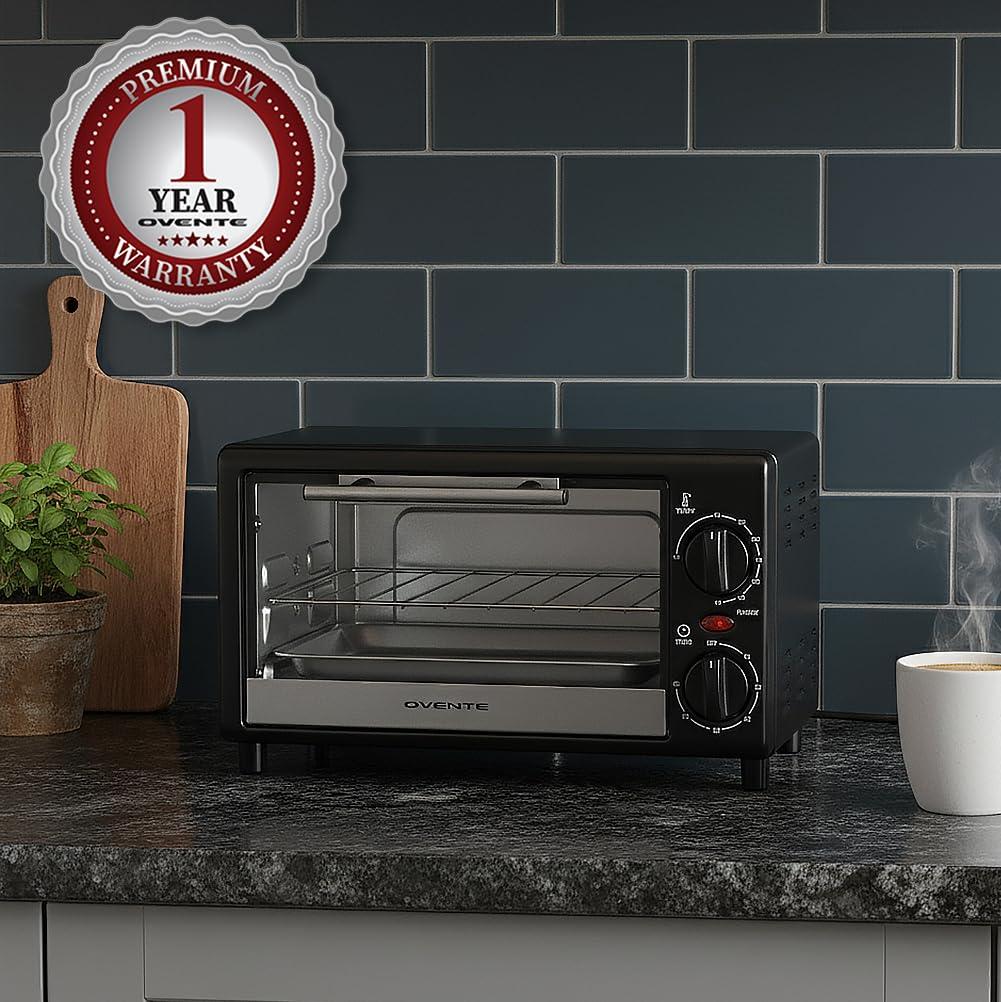 imageOVENTE 8L Countertop Toaster Oven with 60Minute Timer Adjustable Temperature Control EasytoClean Baking Pan 750W Compact Mini for Pizza Toast Bake and Broil Black TO2808BTO2808B