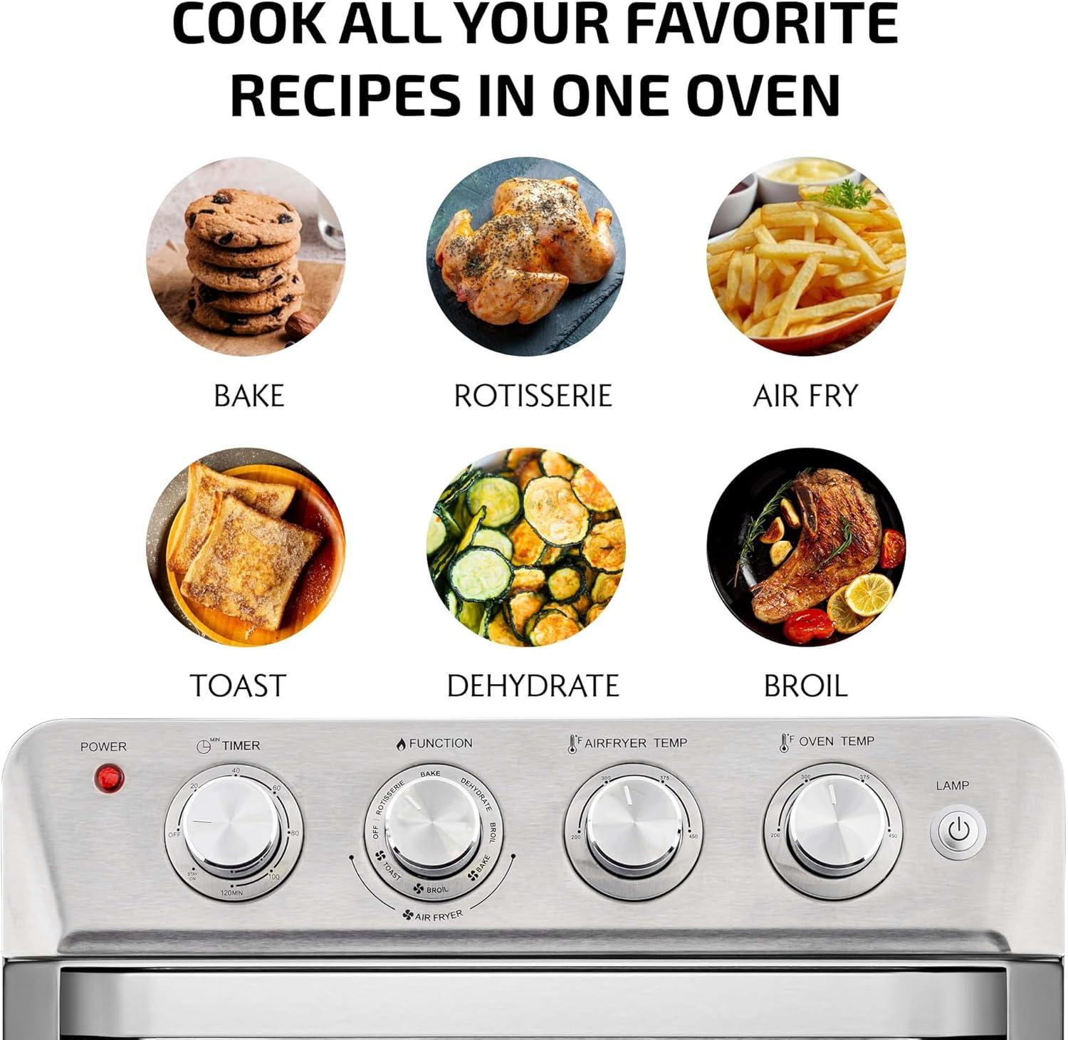 imageOVENTE Air Fryer Toaster Oven Combo 26 Qt Stainless Steel Countertop Convection Oven with 1700W Power and Free Accessories Perfect for Pizza Roast Bake Toast and Broil Silver OFM2025BR