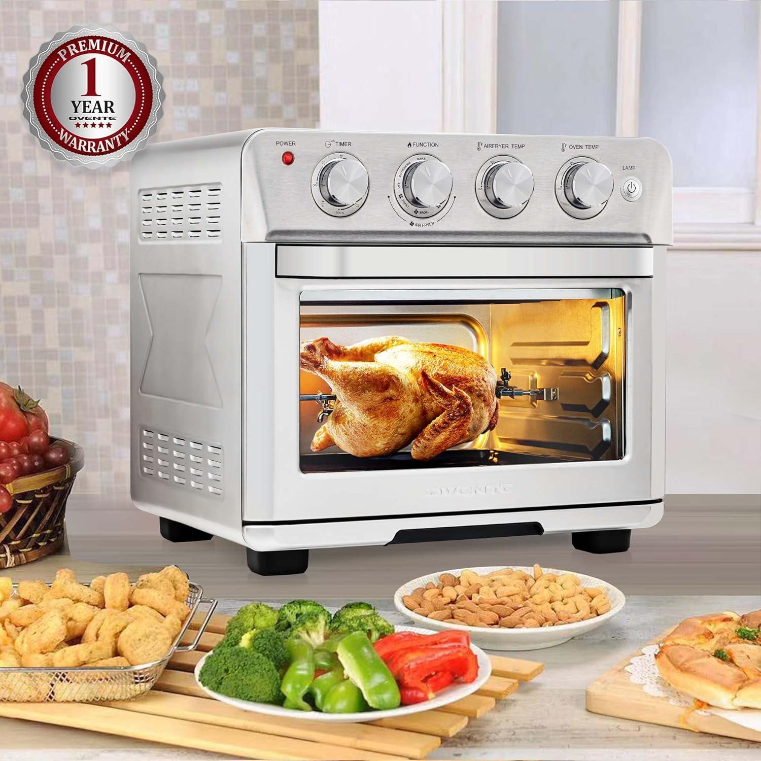imageOVENTE Air Fryer Toaster Oven Combo 26 Qt Stainless Steel Countertop Convection Oven with 1700W Power and Free Accessories Perfect for Pizza Roast Bake Toast and Broil Silver OFM2025BR