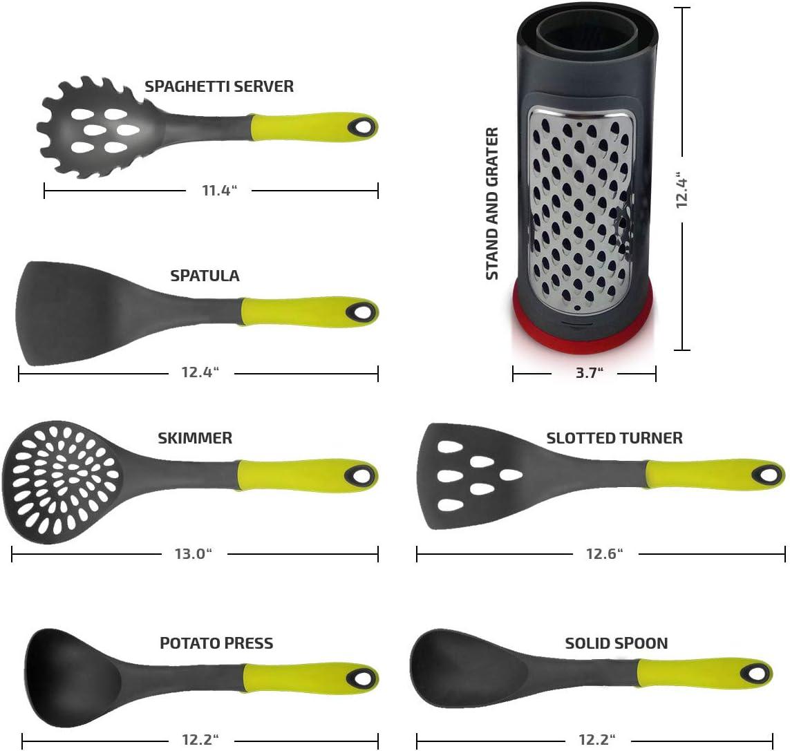 imageOvente 2 In 1 Kitchen Utensil Set with Stand Holder amp Grater 6 Piece Cooking Spatula Tools with Heat Resistant Nonstick Coated Nylon Easy Clean Dishwasher Safe for Cooking amp Baking Green KT1901001G