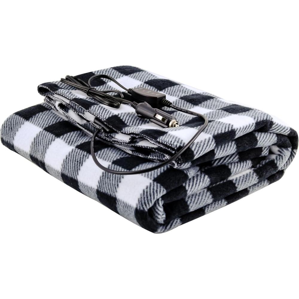 imageOVENTE 12Volt Heated Car Blanket Portable Electric Blanket with Temperature Control amp Overheat Protection 39x57 Winter Heating Blanket for Truck SUV RV Camping or Travel Black Plaid BL4602BW