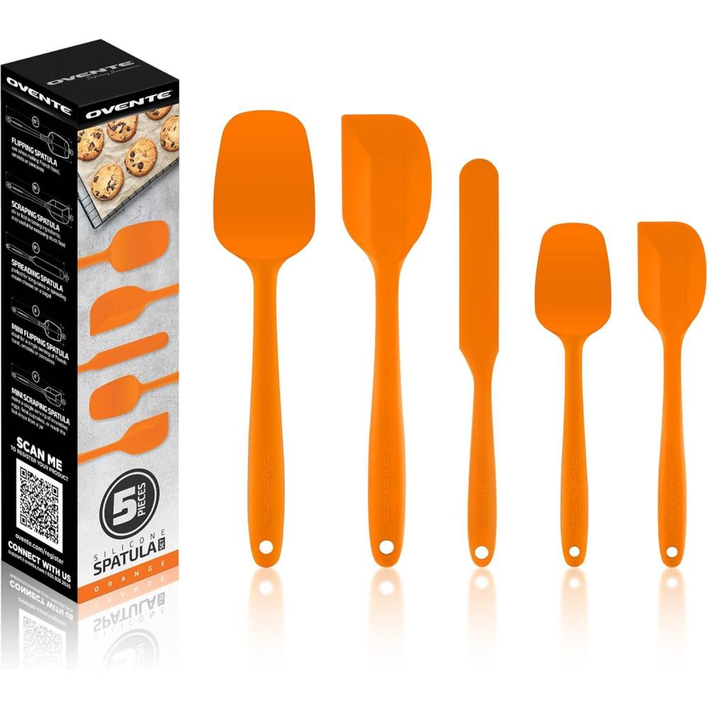imageOVENTE Silicone Spatula Set of 5 Food Grade Rubber Spatula with High Heat Resistant BPAFree and Dishwasher Safe Nonstick Kitchen Utensils for Baking Cooking and Mixing Green SP12305GOrange