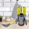 Ovente 2 In 1 Kitchen Utensil Set with Stand Holder & Grater, 6 Piece Cooking Spatula Tools with Heat Resistant Nonstick Coated Nylon Easy Clean Dishwasher Safe for Cooking & Baking, Green KT1901001G