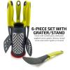 Ovente 2 In 1 Kitchen Utensil Set with Stand Holder & Grater, 6 Piece Cooking Spatula Tools with Heat Resistant Nonstick Coated Nylon Easy Clean Dishwasher Safe for Cooking & Baking, Green KT1901001G