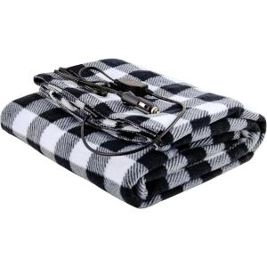 OVENTE 12-Volt Heated Car Blanket, Portable Electric Blanket with Temperature Control & Overheat Protection, 39”x57” Winter Heating Blanket for Truck, SUV, RV, Camping or Travel, Black Plaid BL4602BW