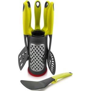 Ovente 2 In 1 Kitchen Utensil Set with Stand Holder & Grater, 6 Piece Cooking Spatula Tools with Heat Resistant Nonstick Coated Nylon Easy Clean Dishwasher Safe for Cooking & Baking, Green KT1901001G