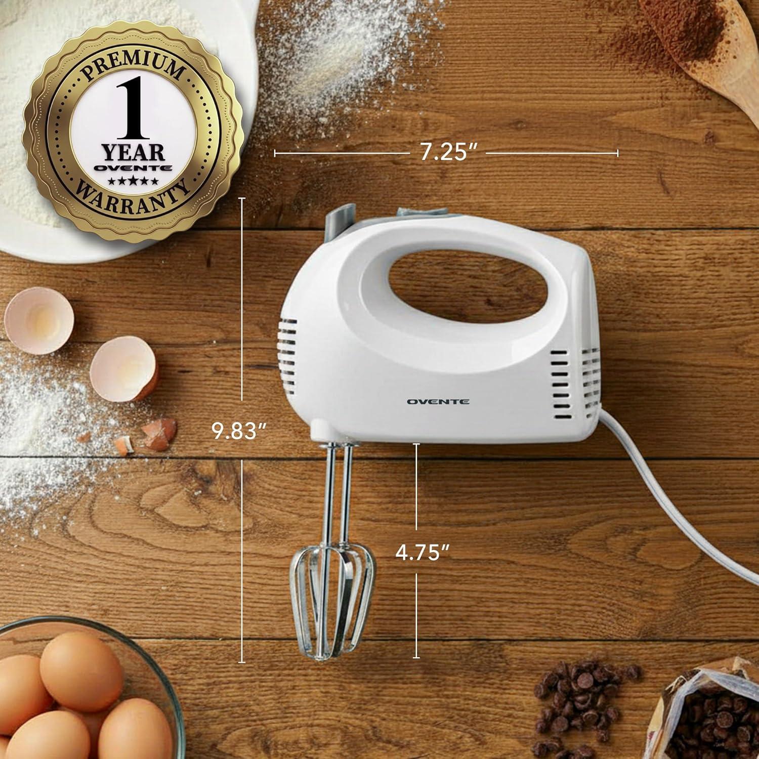 imageOVENTE 5Speed Corded Electric Hand Mixer with Stainless Steel Whisks Compact Portable Design with SnapOn Storage Case150W Lightweight Handheld Mixer for Baking amp Cooking White HM151WWhite