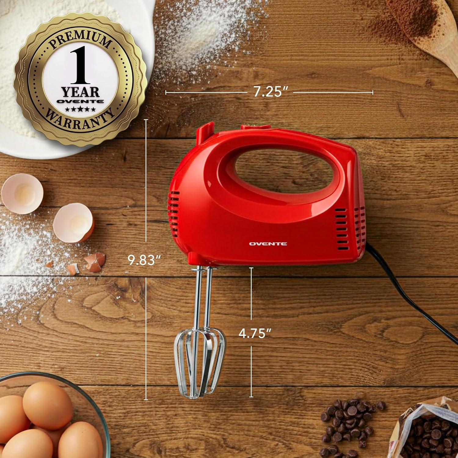 imageOVENTE 5Speed Corded Electric Hand Mixer with Stainless Steel Whisks Compact Portable Design with SnapOn Storage Case150W Lightweight Handheld Mixer for Baking amp Cooking White HM151WRed
