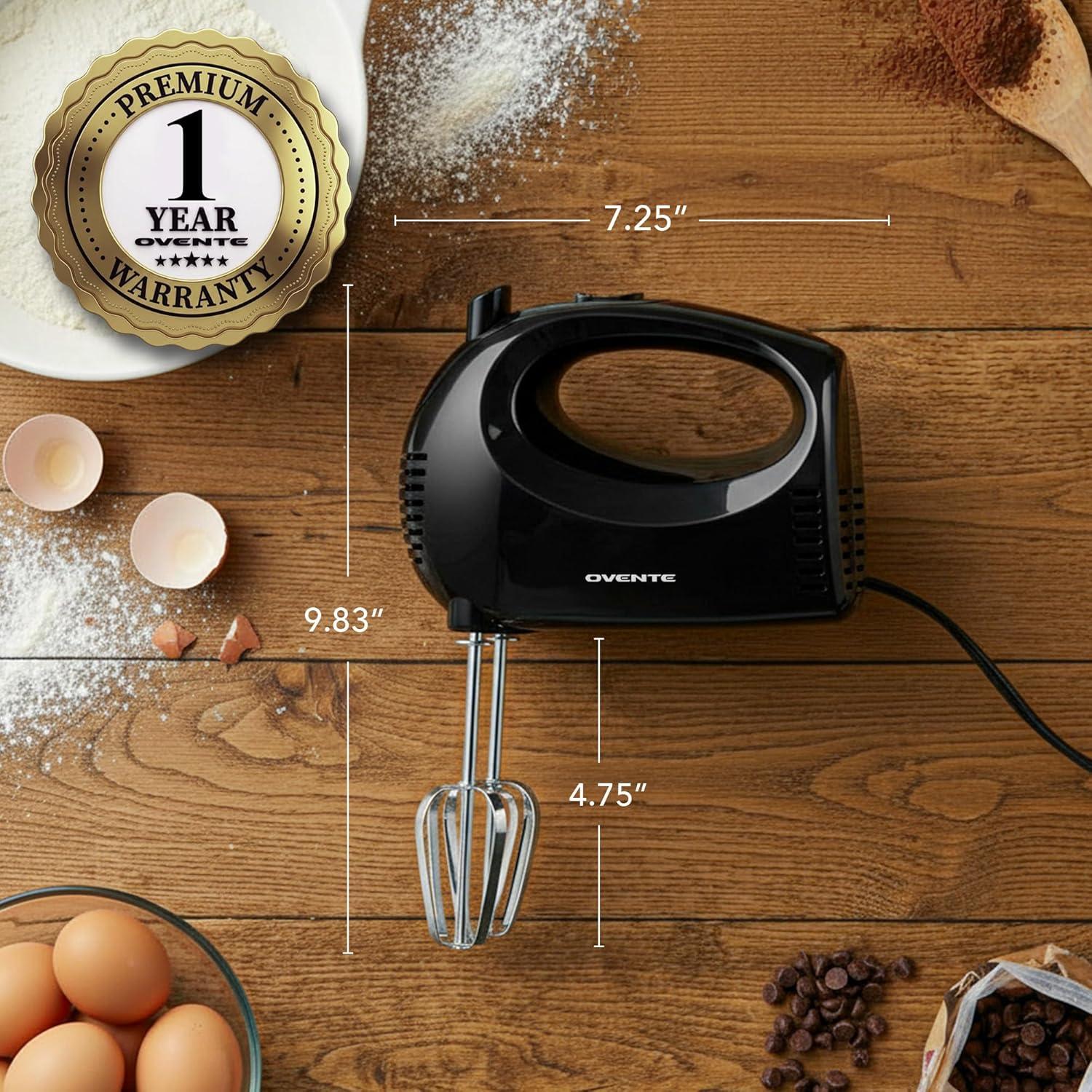 imageOVENTE 5Speed Corded Electric Hand Mixer with Stainless Steel Whisks Compact Portable Design with SnapOn Storage Case150W Lightweight Handheld Mixer for Baking amp Cooking White HM151WBlack