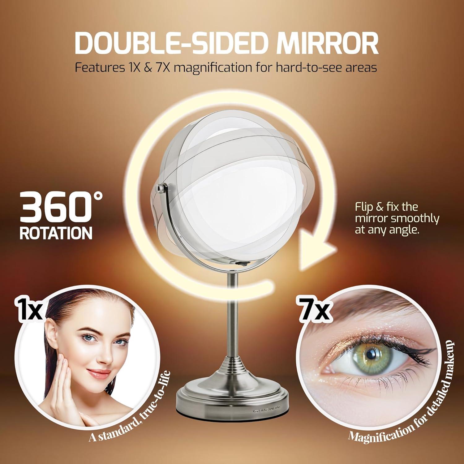 imageOVENTE 7 Tabletop Makeup Mirror with 1X7X Magnification 360 Swivel Design and DoubleSided FreeStanding Vanity Mirror Perfect for Dresser Bedroom and Office Desk Polished Chrome MNLCT70CH1X7XNickel Brushed