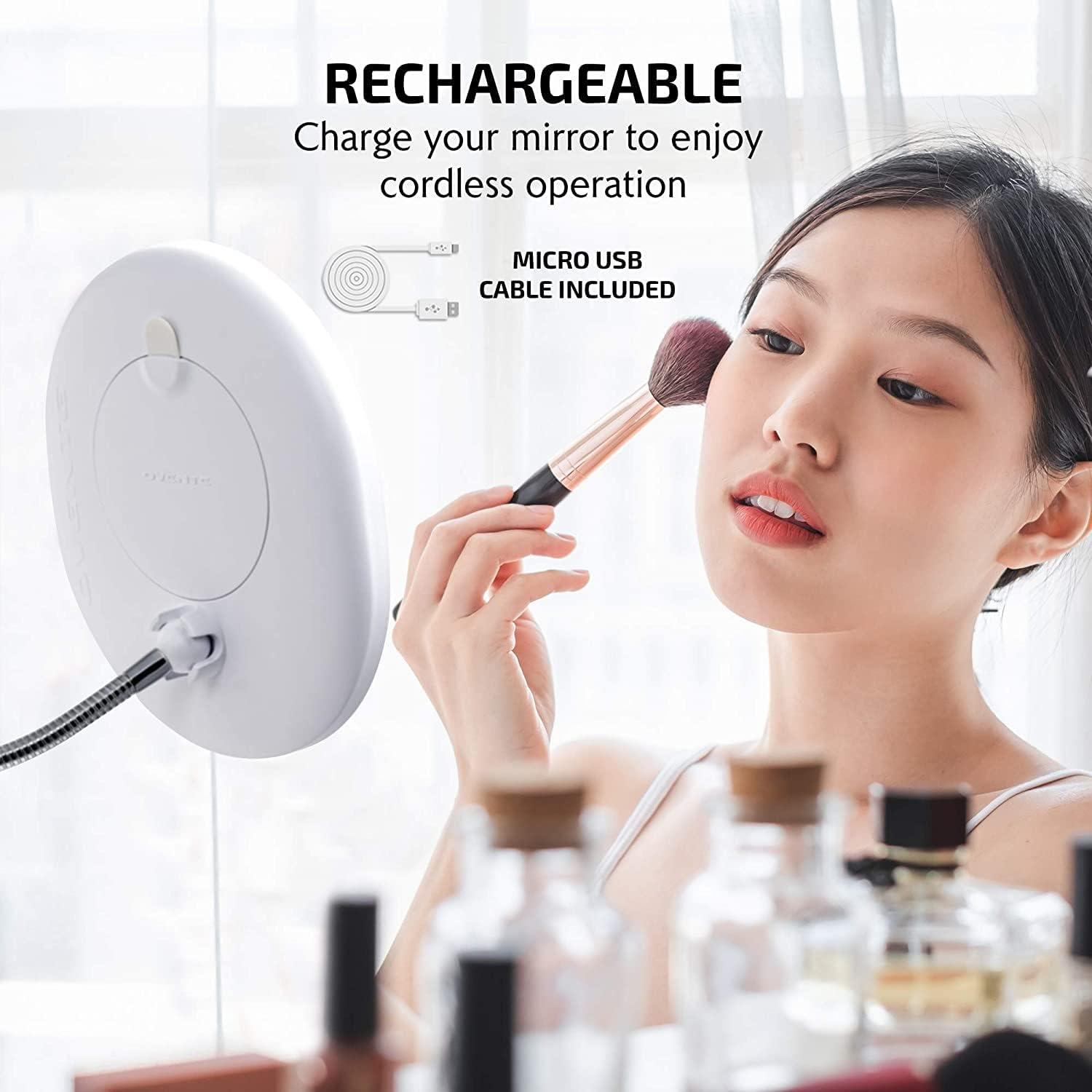 imageOVENTE 9 Rechargeable Lighted Wall Mount Makeup Mirror for Bathroom with Mini Magnetic 10X Magnifying Mirror Touch Screen Dimmable LED Lights Flexible Gooseneck and Suction Mounting White MOW22WWhite