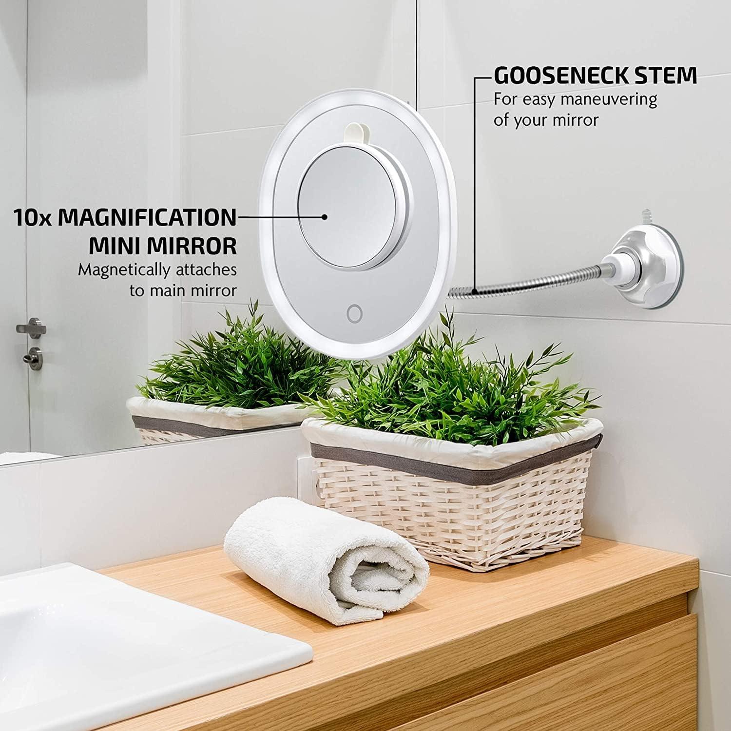 imageOVENTE 9 Rechargeable Lighted Wall Mount Makeup Mirror for Bathroom with Mini Magnetic 10X Magnifying Mirror Touch Screen Dimmable LED Lights Flexible Gooseneck and Suction Mounting White MOW22WWhite