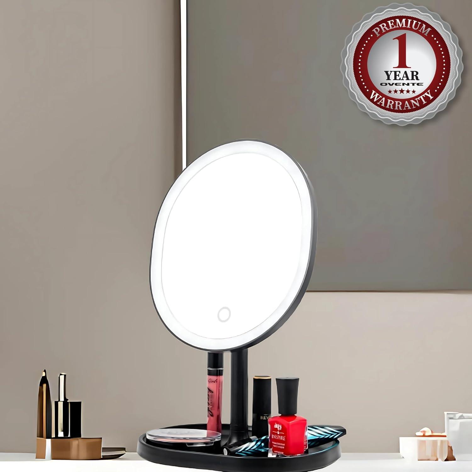 imageOVENTE 9 Rechargeable Lighted Wall Mount Makeup Mirror for Bathroom with Mini Magnetic 10X Magnifying Mirror Touch Screen Dimmable LED Lights Flexible Gooseneck and Suction Mounting White MOW22WBlack