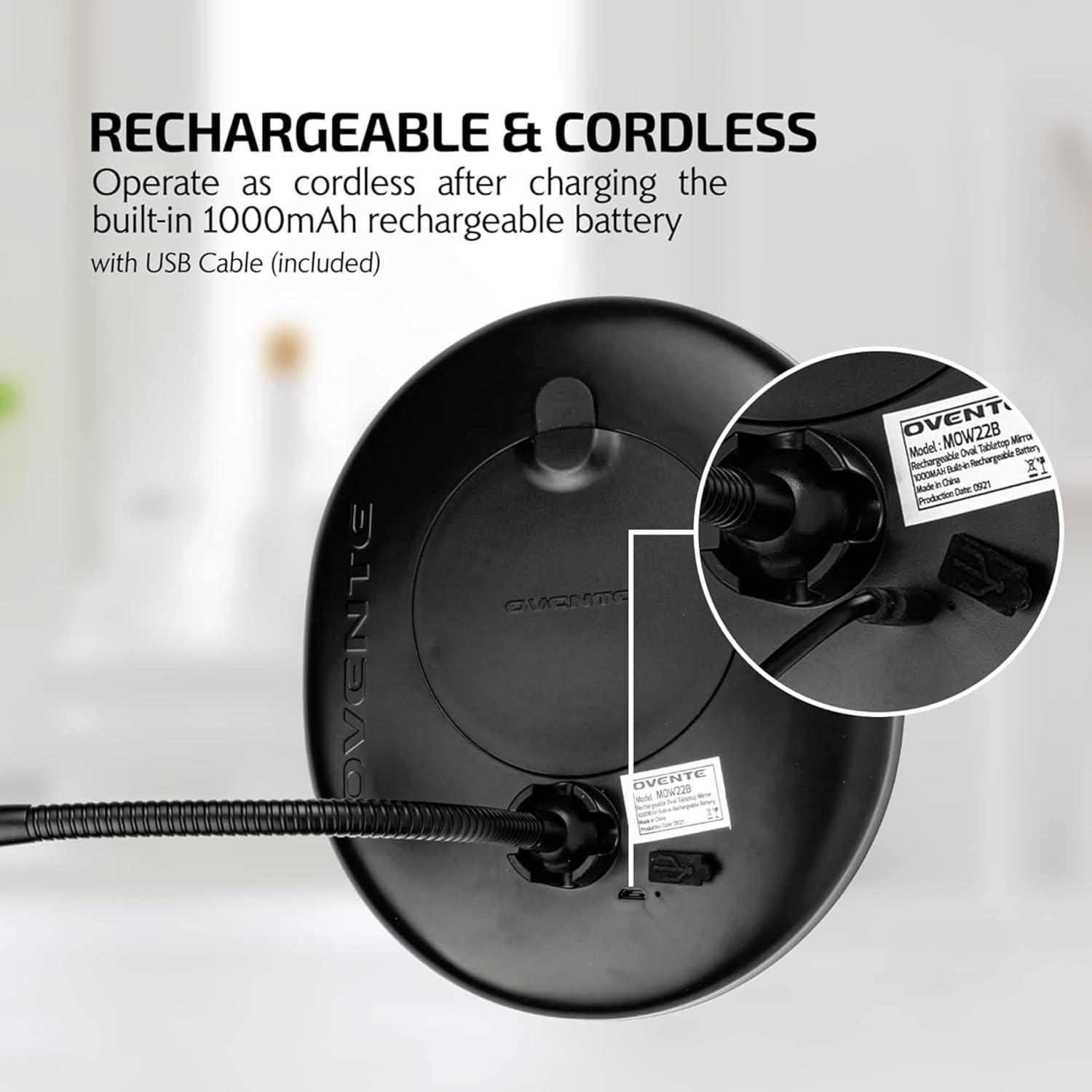 imageOVENTE 9 Rechargeable Lighted Wall Mount Makeup Mirror for Bathroom with Mini Magnetic 10X Magnifying Mirror Touch Screen Dimmable LED Lights Flexible Gooseneck and Suction Mounting White MOW22WBlack