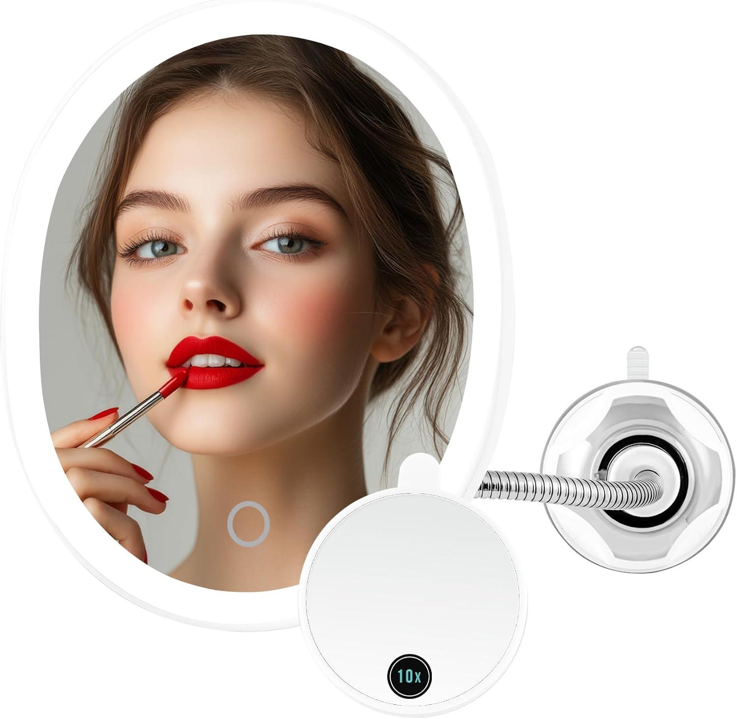 imageOVENTE 9 Rechargeable Lighted Wall Mount Makeup Mirror for Bathroom with Mini Magnetic 10X Magnifying Mirror Touch Screen Dimmable LED Lights Flexible Gooseneck and Suction Mounting White MOW22WWhite