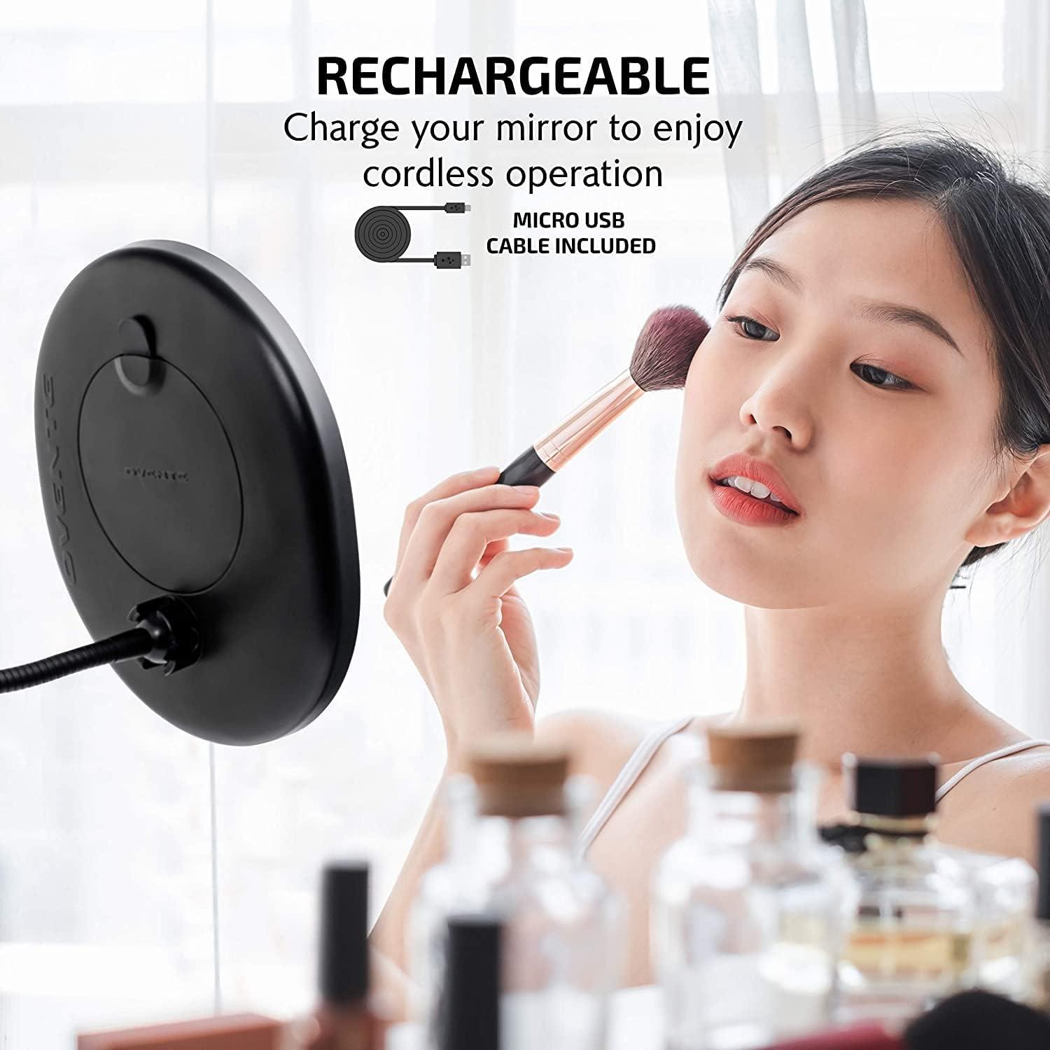 imageOVENTE 9 Rechargeable Lighted Wall Mount Makeup Mirror for Bathroom with Mini Magnetic 10X Magnifying Mirror Touch Screen Dimmable LED Lights Flexible Gooseneck and Suction Mounting White MOW22WBlack