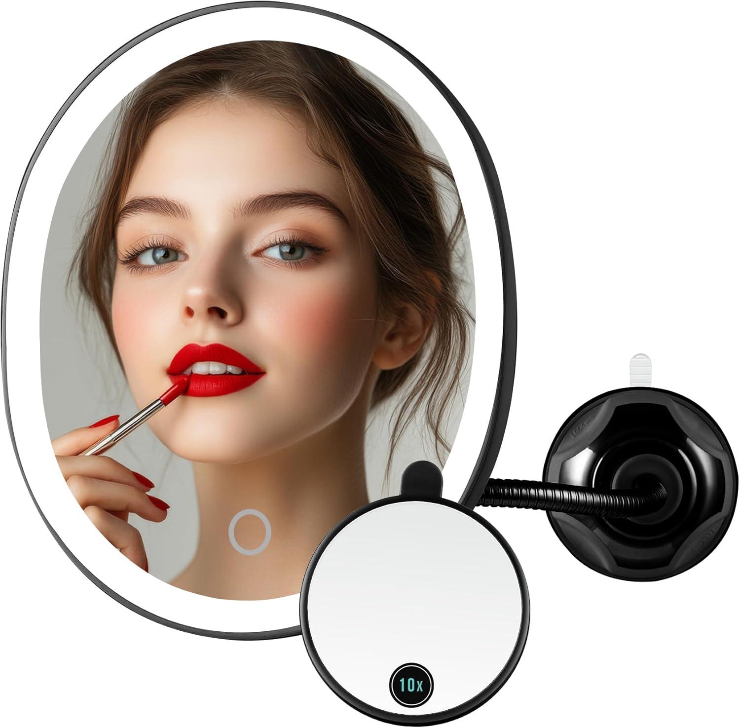 imageOVENTE 9 Rechargeable Lighted Wall Mount Makeup Mirror for Bathroom with Mini Magnetic 10X Magnifying Mirror Touch Screen Dimmable LED Lights Flexible Gooseneck and Suction Mounting White MOW22WBlack