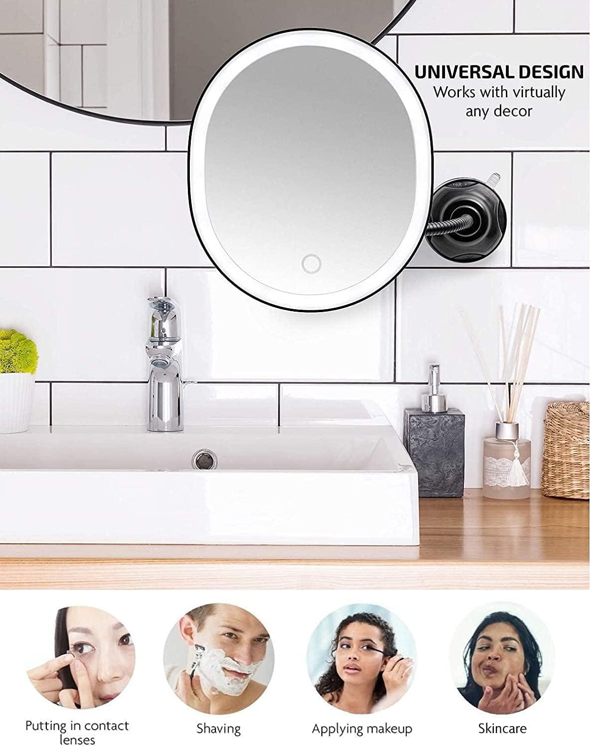 imageOVENTE 9 Rechargeable Lighted Wall Mount Makeup Mirror for Bathroom with Mini Magnetic 10X Magnifying Mirror Touch Screen Dimmable LED Lights Flexible Gooseneck and Suction Mounting White MOW22WBlack