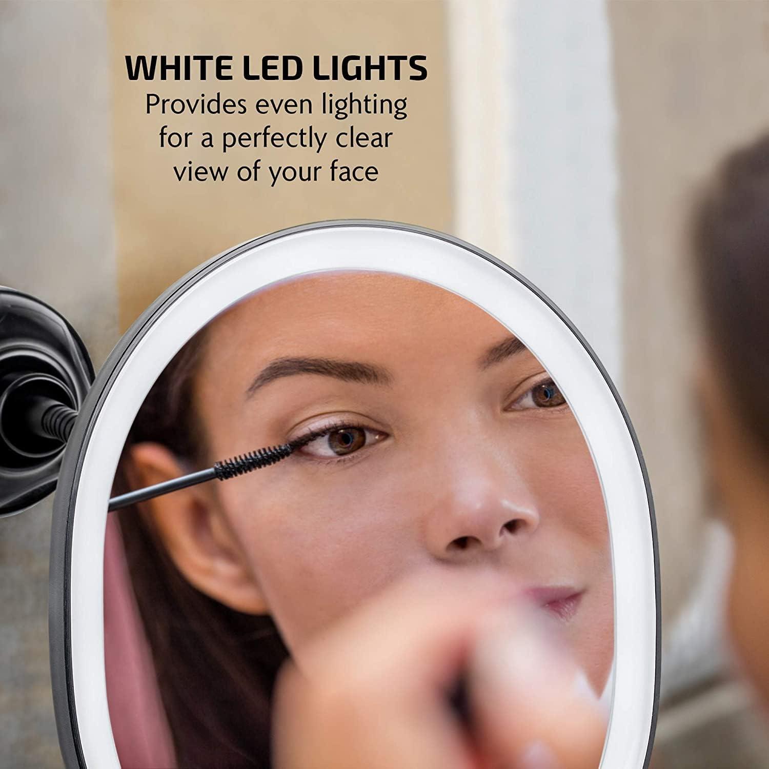 imageOVENTE 9 Rechargeable Lighted Wall Mount Makeup Mirror for Bathroom with Mini Magnetic 10X Magnifying Mirror Touch Screen Dimmable LED Lights Flexible Gooseneck and Suction Mounting White MOW22WBlack