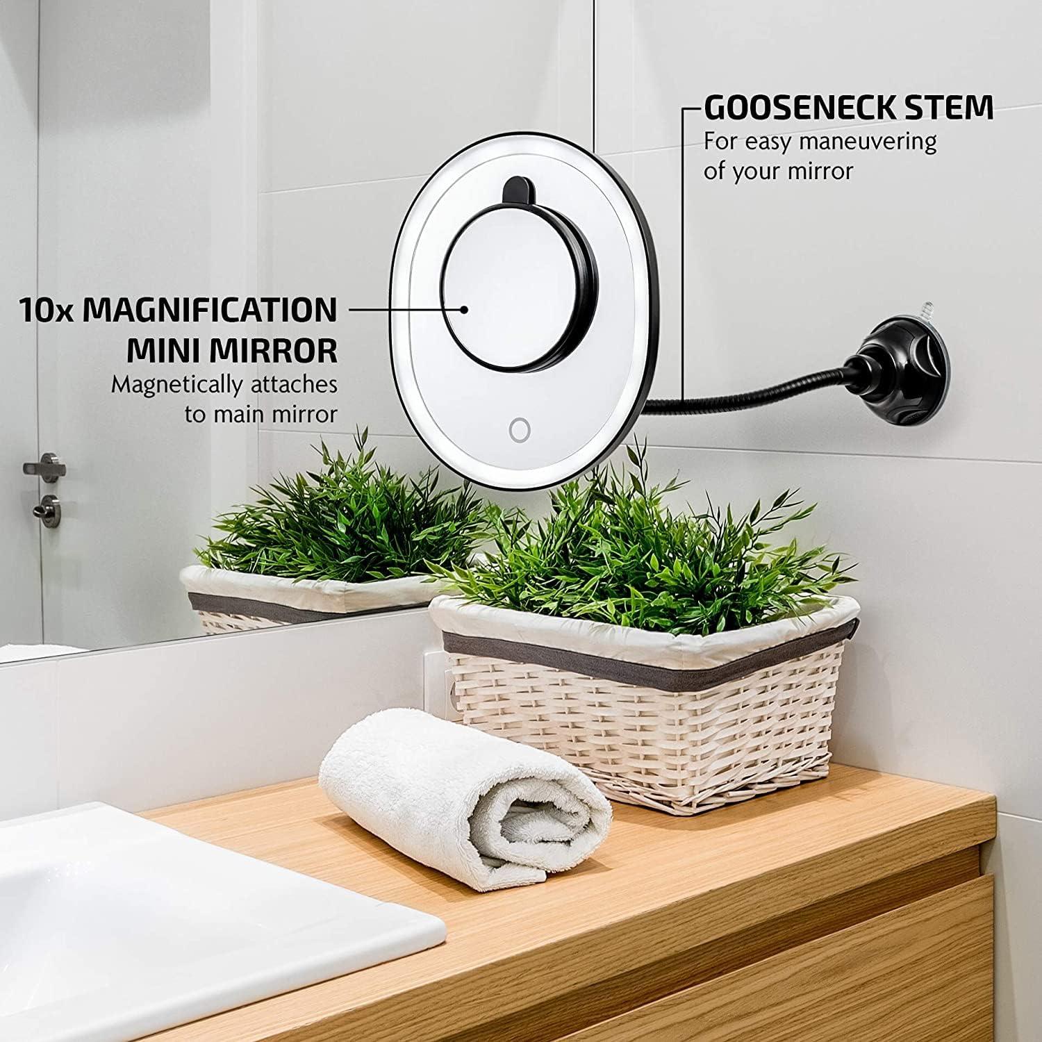 imageOVENTE 9 Rechargeable Lighted Wall Mount Makeup Mirror for Bathroom with Mini Magnetic 10X Magnifying Mirror Touch Screen Dimmable LED Lights Flexible Gooseneck and Suction Mounting White MOW22WBlack