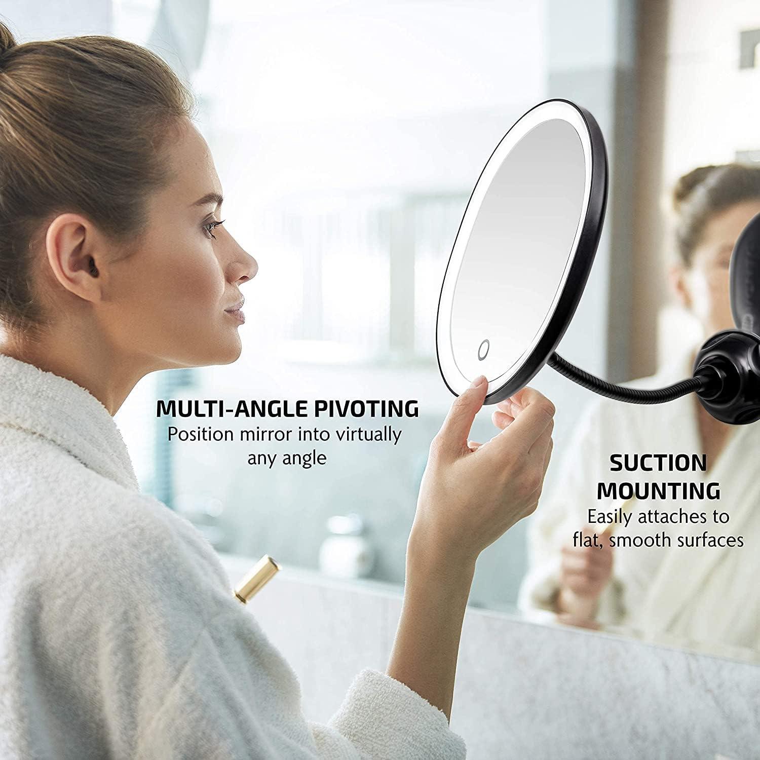 imageOVENTE 9 Rechargeable Lighted Wall Mount Makeup Mirror for Bathroom with Mini Magnetic 10X Magnifying Mirror Touch Screen Dimmable LED Lights Flexible Gooseneck and Suction Mounting White MOW22WBlack