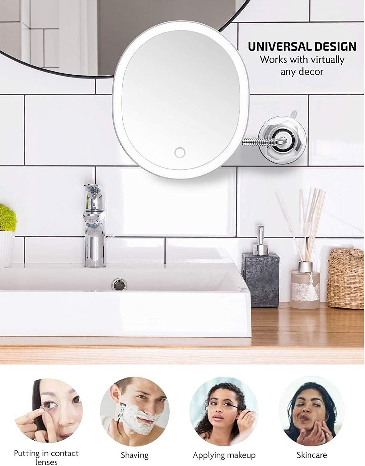 imageOVENTE 9 Rechargeable Lighted Wall Mount Makeup Mirror for Bathroom with Mini Magnetic 10X Magnifying Mirror Touch Screen Dimmable LED Lights Flexible Gooseneck and Suction Mounting White MOW22WWhite