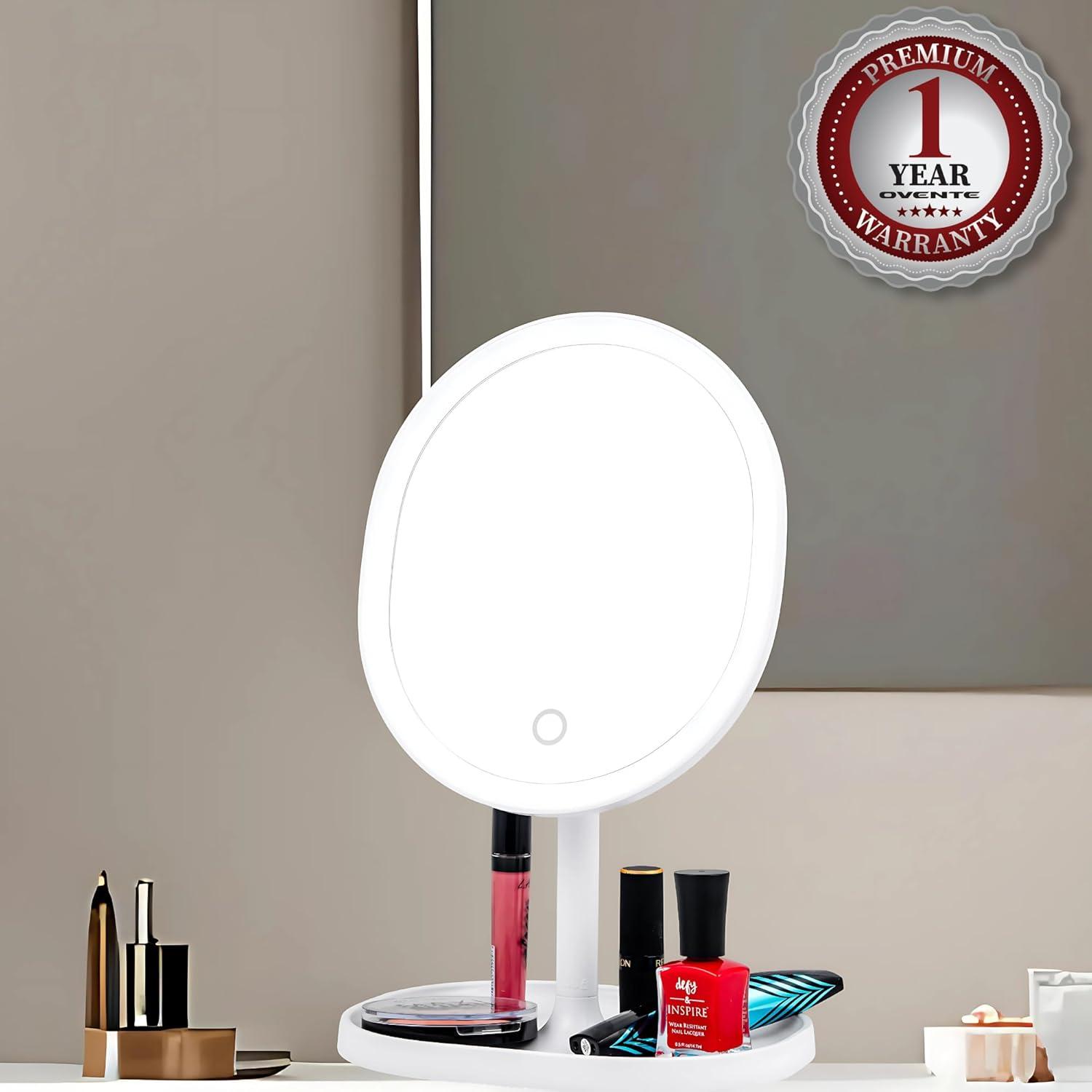 imageOVENTE 9 Rechargeable Lighted Wall Mount Makeup Mirror for Bathroom with Mini Magnetic 10X Magnifying Mirror Touch Screen Dimmable LED Lights Flexible Gooseneck and Suction Mounting White MOW22WWhite