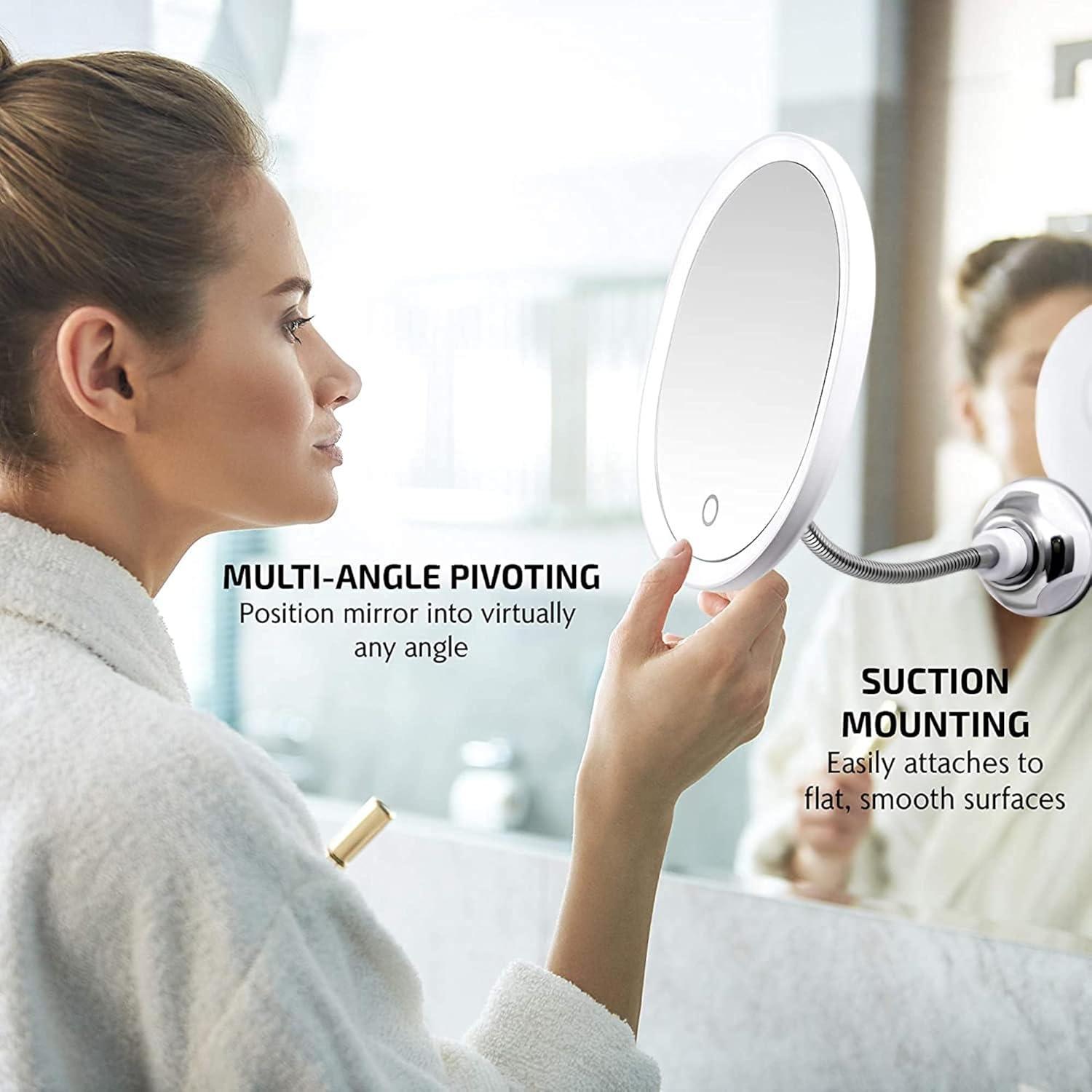 imageOVENTE 9 Rechargeable Lighted Wall Mount Makeup Mirror for Bathroom with Mini Magnetic 10X Magnifying Mirror Touch Screen Dimmable LED Lights Flexible Gooseneck and Suction Mounting White MOW22WWhite