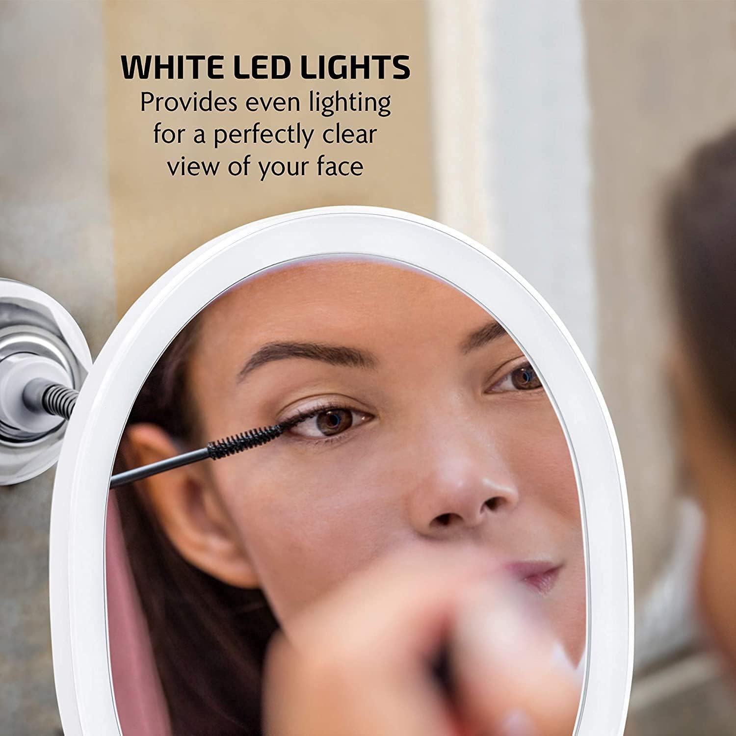 imageOVENTE 9 Rechargeable Lighted Wall Mount Makeup Mirror for Bathroom with Mini Magnetic 10X Magnifying Mirror Touch Screen Dimmable LED Lights Flexible Gooseneck and Suction Mounting White MOW22WWhite
