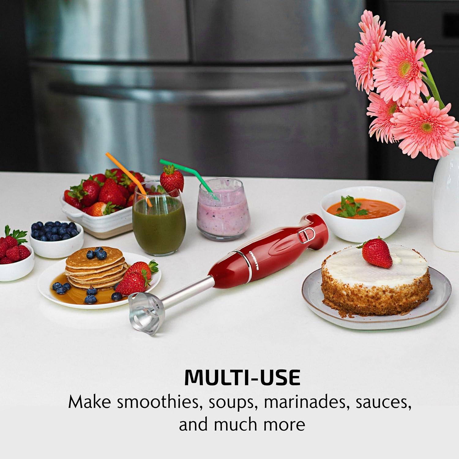 imageOVENTE Immersion Hand Blender 300W Corded Electric Handheld Stick Mixer with 2 Mixing Speeds and Stainless Steel Blades for Smoothies Purees amp Baby Food Red HS560R