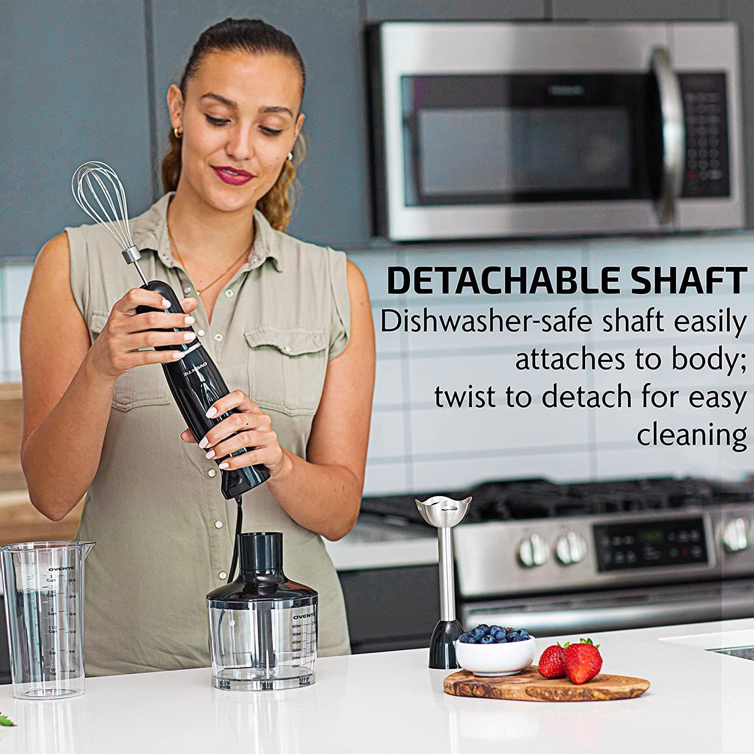 imageOVENTE Immersion Hand Blender 300W Corded Electric Handheld Stick Mixer with 2 Mixing Speeds and Stainless Steel Blades for Smoothies Purees amp Baby Food White HS560WBlack With Attachment