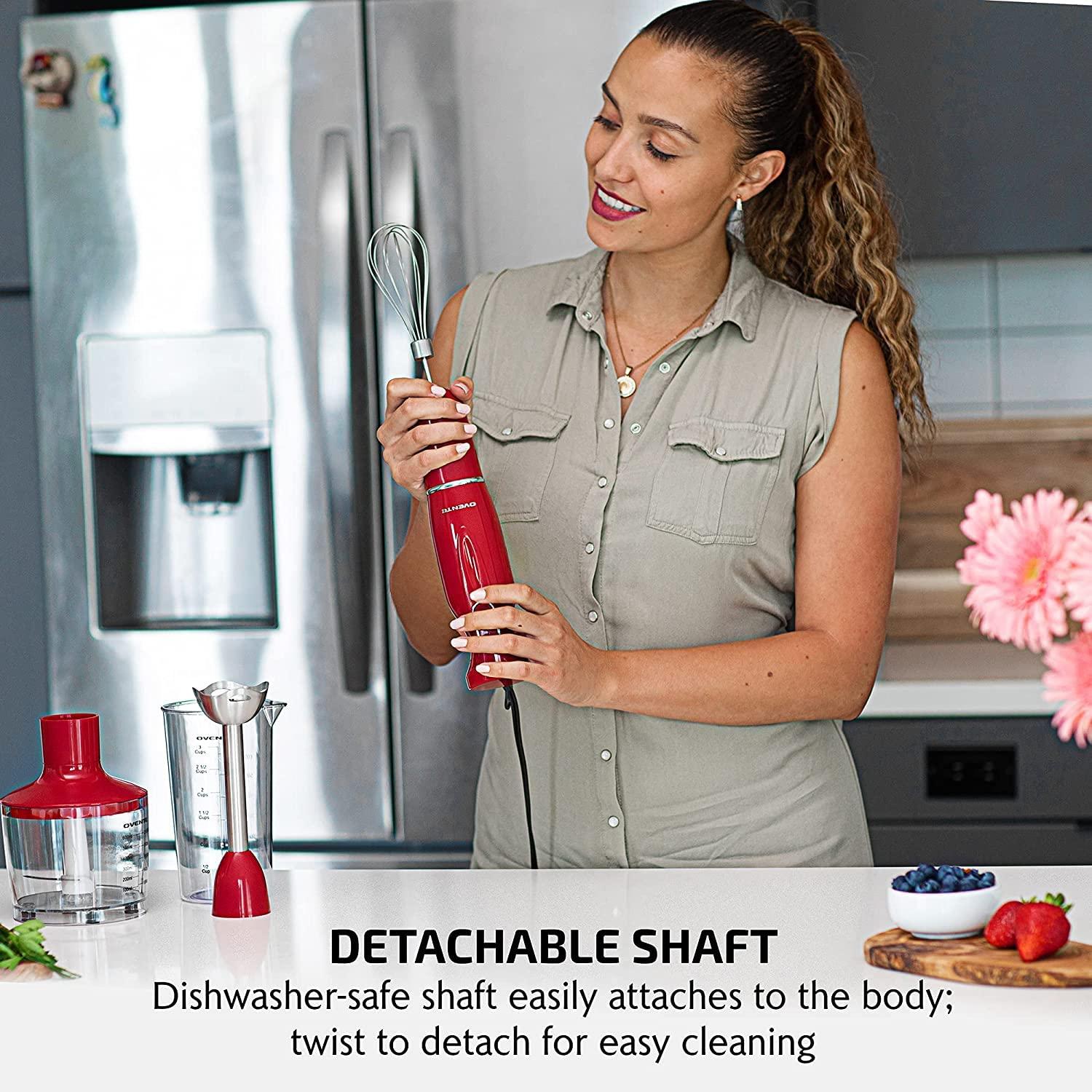 imageOVENTE Immersion Hand Blender 300W Corded Electric Handheld Stick Mixer with 2 Mixing Speeds and Stainless Steel Blades for Smoothies Purees amp Baby Food White HS560WRed With Attachment
