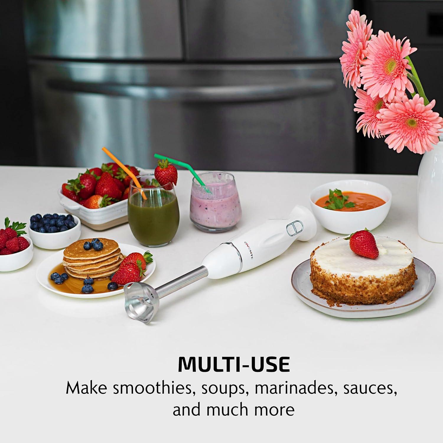 imageOVENTE Immersion Hand Blender 300W Corded Electric Handheld Stick Mixer with 2 Mixing Speeds and Stainless Steel Blades for Smoothies Purees amp Baby Food White HS560WWhite