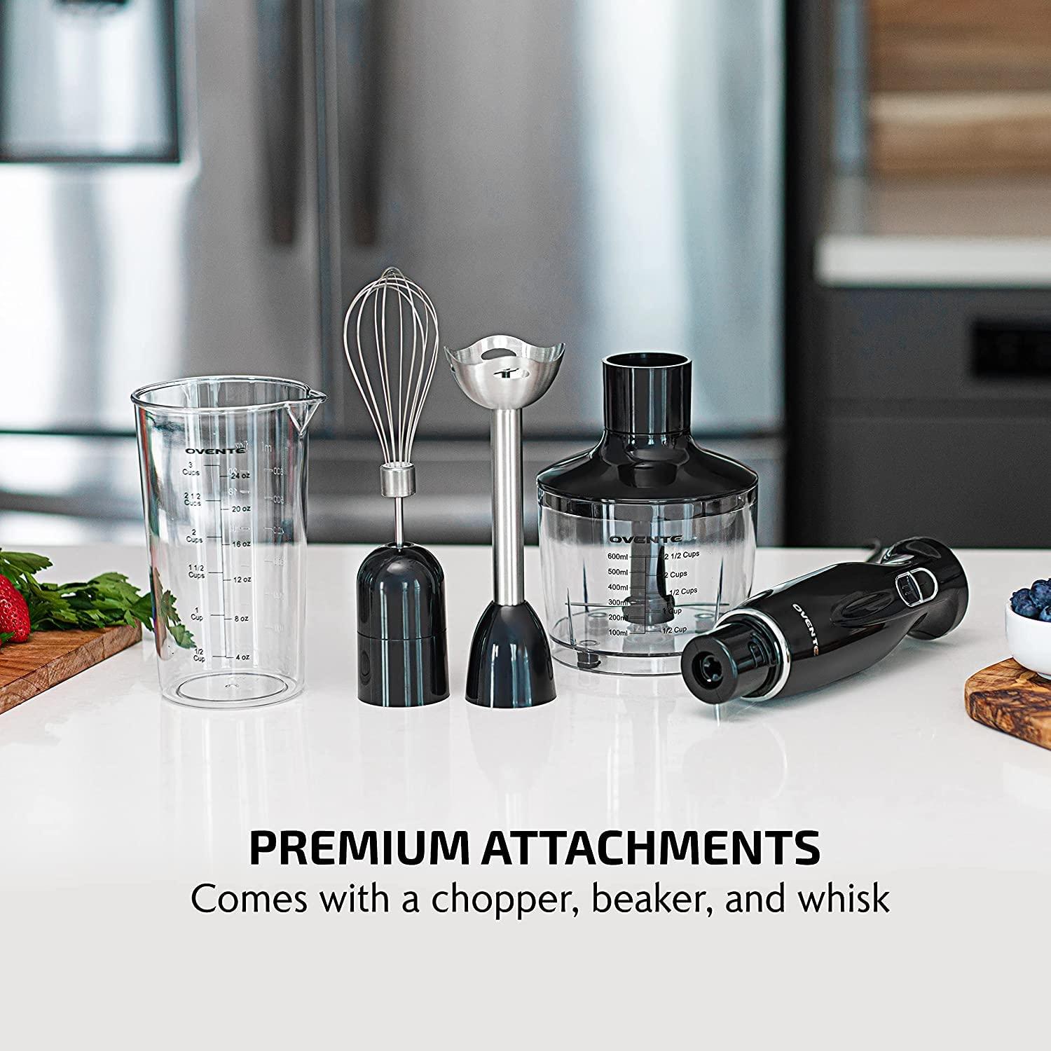 imageOVENTE Immersion Hand Blender 300W Corded Electric Handheld Stick Mixer with 2 Mixing Speeds and Stainless Steel Blades for Smoothies Purees amp Baby Food White HS560WBlack With Attachment