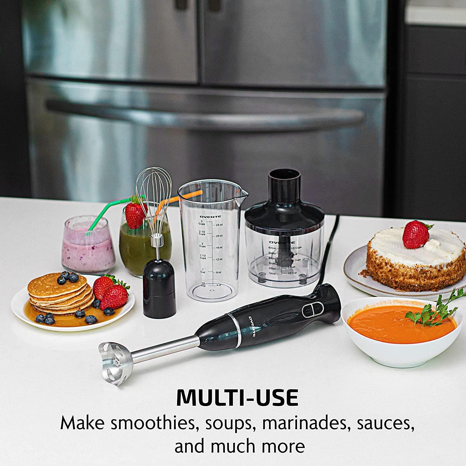 imageOVENTE Immersion Hand Blender 300W Corded Electric Handheld Stick Mixer with 2 Mixing Speeds and Stainless Steel Blades for Smoothies Purees amp Baby Food White HS560WBlack With Attachment