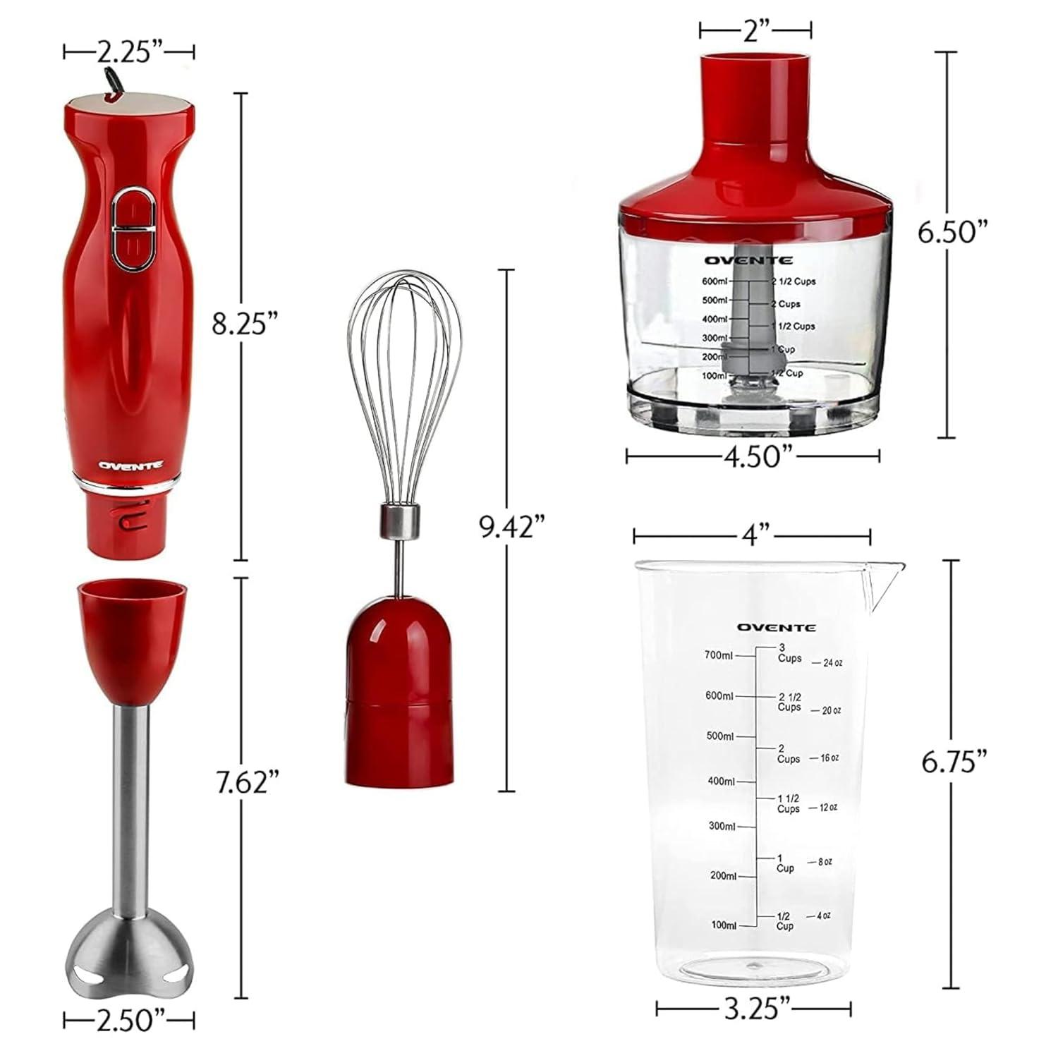 imageOVENTE Immersion Hand Blender 300W Corded Electric Handheld Stick Mixer with 2 Mixing Speeds and Stainless Steel Blades for Smoothies Purees amp Baby Food White HS560WRed With Attachment