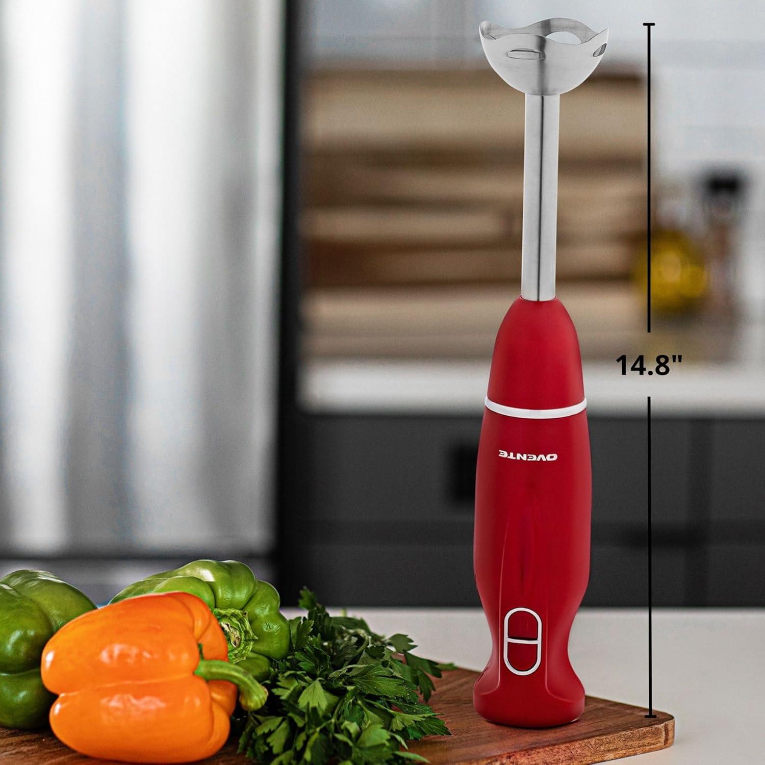 imageOVENTE Immersion Hand Blender 300W Corded Electric Handheld Stick Mixer with 2 Mixing Speeds and Stainless Steel Blades for Smoothies Purees amp Baby Food Red HS560R