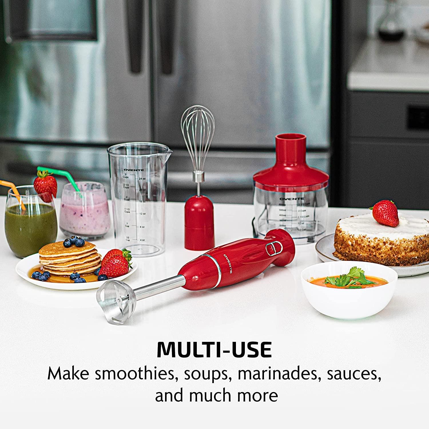 imageOVENTE Immersion Hand Blender 300W Corded Electric Handheld Stick Mixer with 2 Mixing Speeds and Stainless Steel Blades for Smoothies Purees amp Baby Food White HS560WRed With Attachment