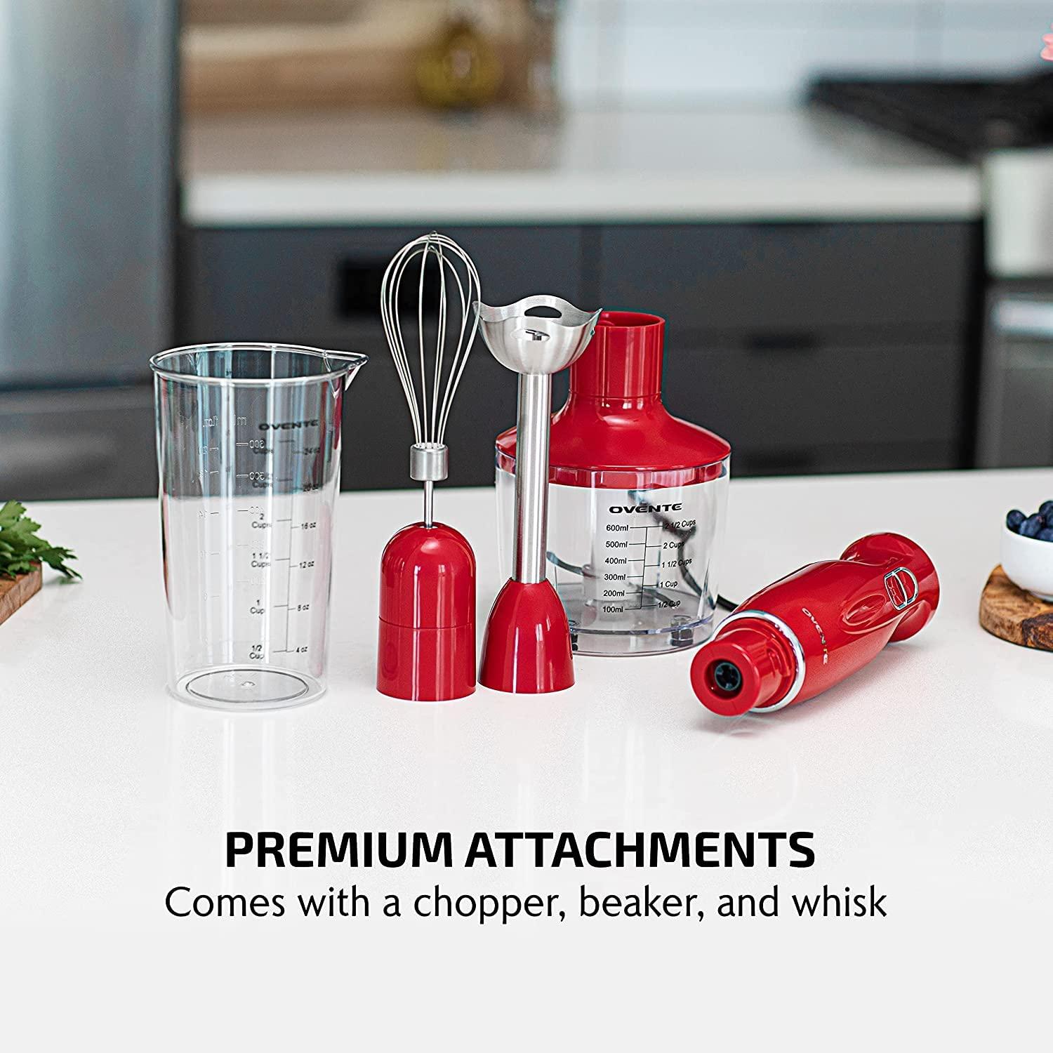 imageOVENTE Immersion Hand Blender 300W Corded Electric Handheld Stick Mixer with 2 Mixing Speeds and Stainless Steel Blades for Smoothies Purees amp Baby Food White HS560WRed With Attachment