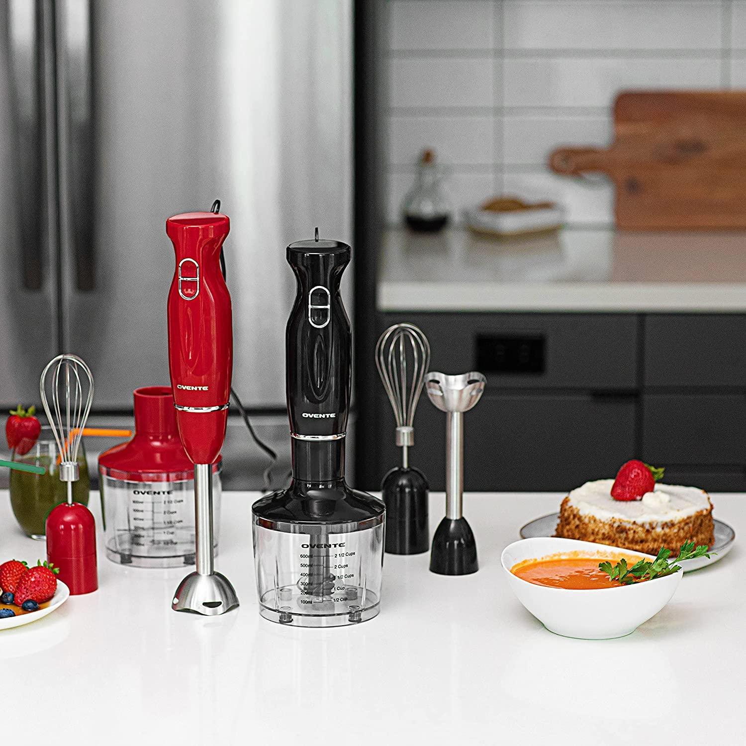 imageOVENTE Immersion Hand Blender 300W Corded Electric Handheld Stick Mixer with 2 Mixing Speeds and Stainless Steel Blades for Smoothies Purees amp Baby Food White HS560WBlack With Attachment