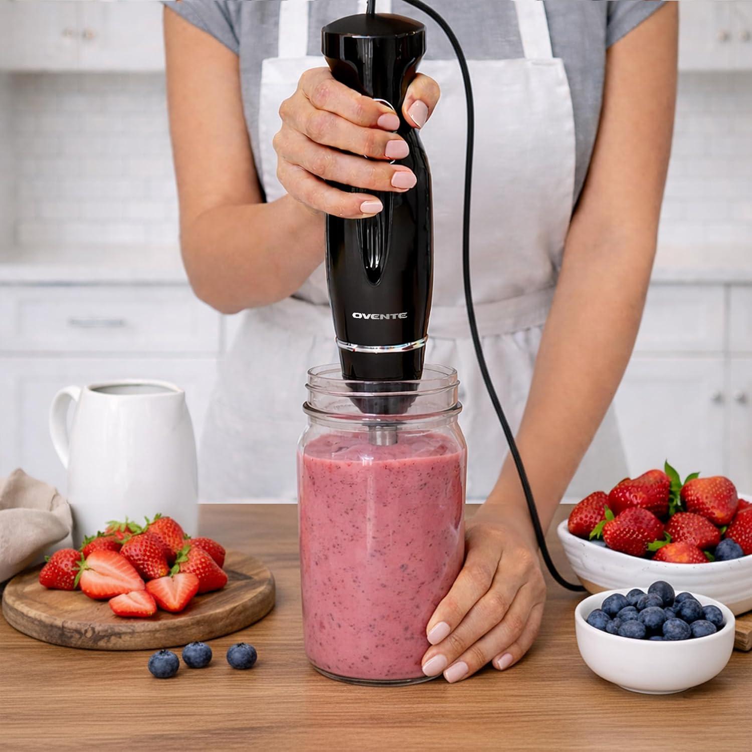 imageOVENTE Immersion Hand Blender 300W Corded Electric Handheld Stick Mixer with 2 Mixing Speeds and Stainless Steel Blades for Smoothies Purees amp Baby Food Black HS560B