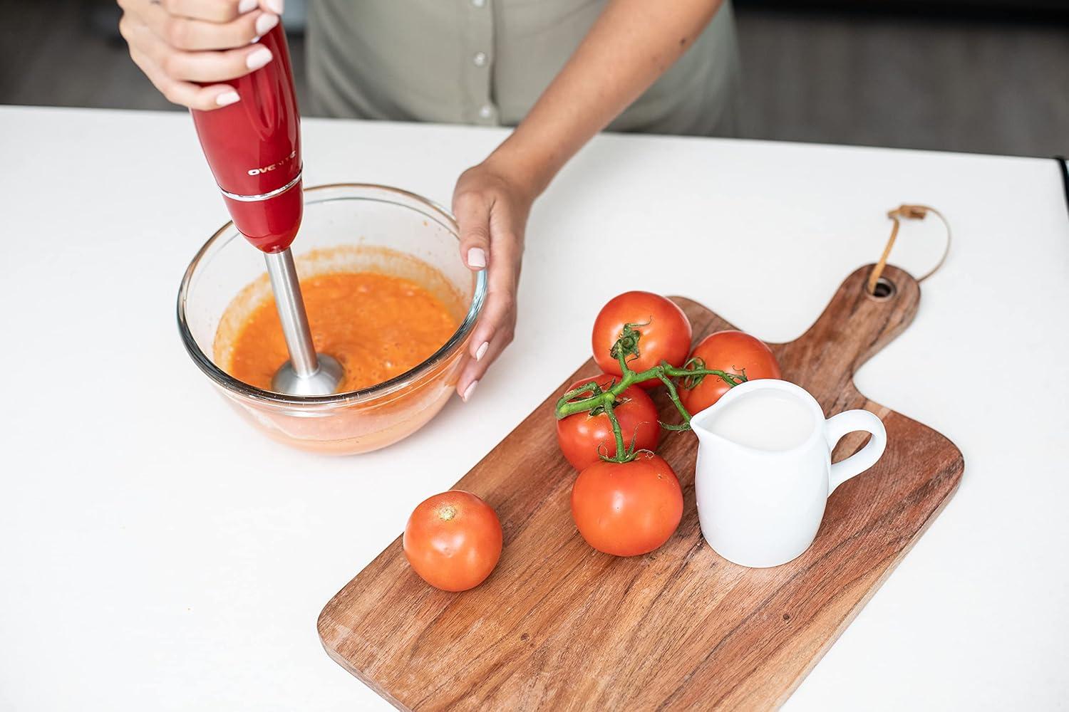imageOVENTE Immersion Hand Blender 300W Corded Electric Handheld Stick Mixer with 2 Mixing Speeds and Stainless Steel Blades for Smoothies Purees amp Baby Food White HS560WRed With Attachment