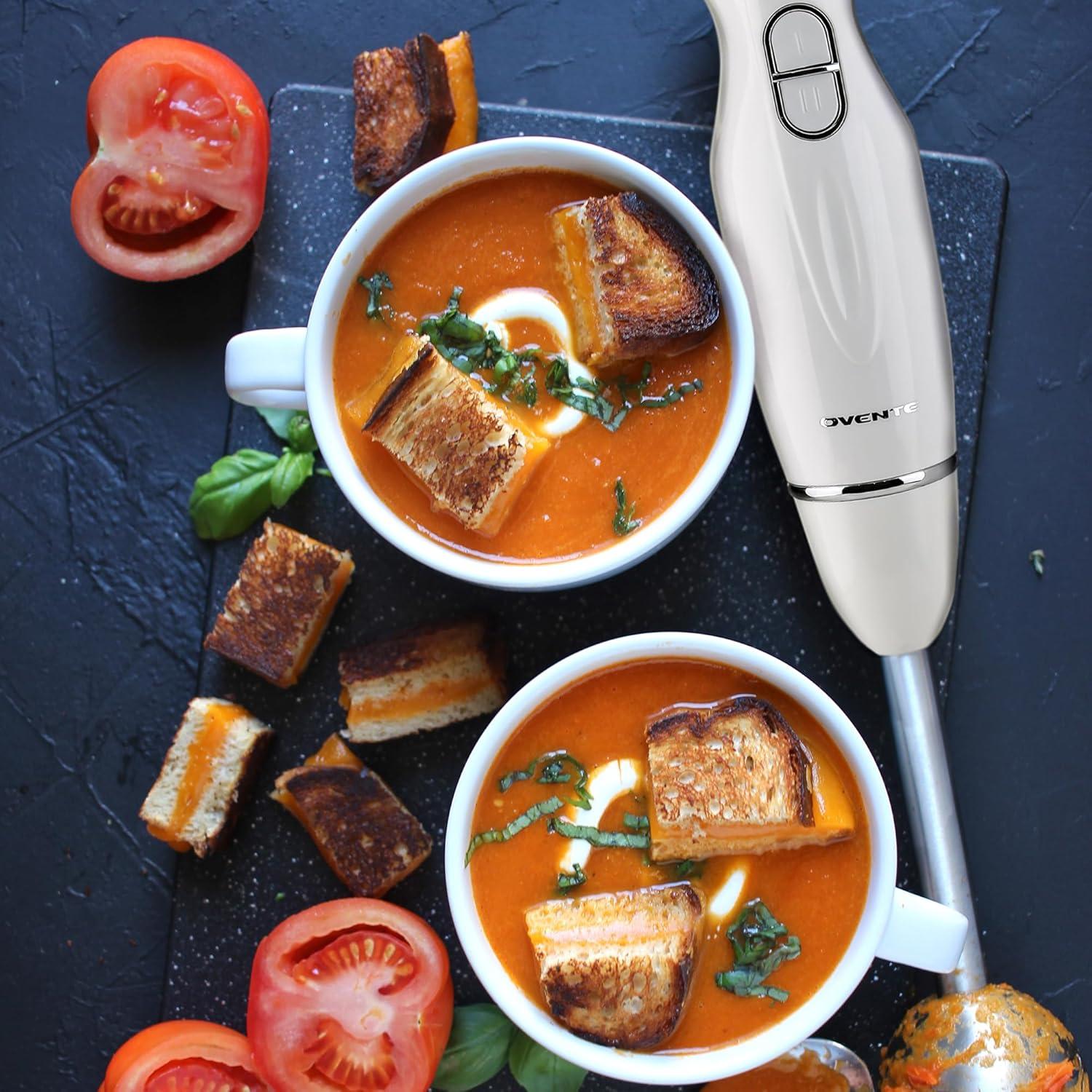 imageOVENTE Immersion Hand Blender 300W Corded Electric Handheld Stick Mixer with 2 Mixing Speeds and Stainless Steel Blades for Smoothies Purees amp Baby Food White HS560WWhite