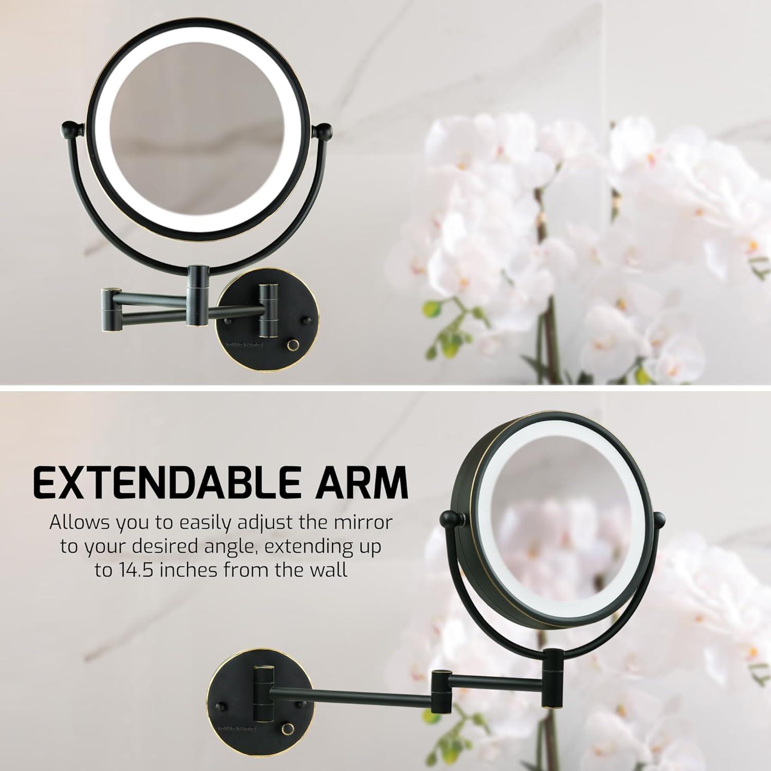 imageOVENTE Wall Mounted Lighted Makeup Vanity Mirror 9 Hard Wired Double Sided 1X7X Magnifying Bathroom Mirror Dimmable LED Lights 360 Rotation and 14 Extendable Arm Rubbed Bronze MPWD3185BZ1X7XOil Rubbed Bronze