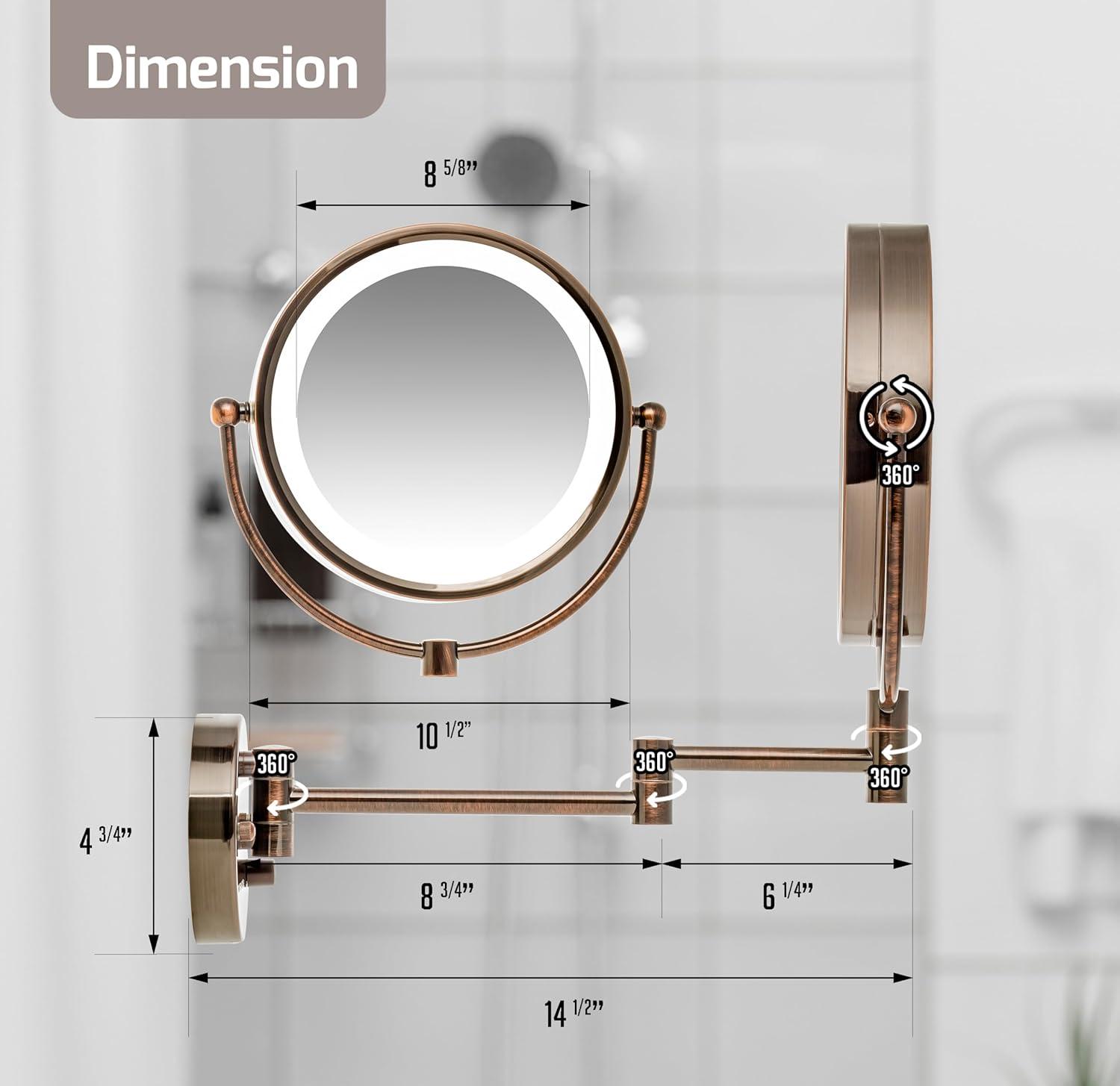 imageOVENTE Wall Mounted Lighted Makeup Vanity Mirror 9 Hard Wired Double Sided 1X7X Magnifying Bathroom Mirror Dimmable LED Lights 360 Rotation and 14 Extendable Arm Rubbed Bronze MPWD3185BZ1X7XAntique Bronze