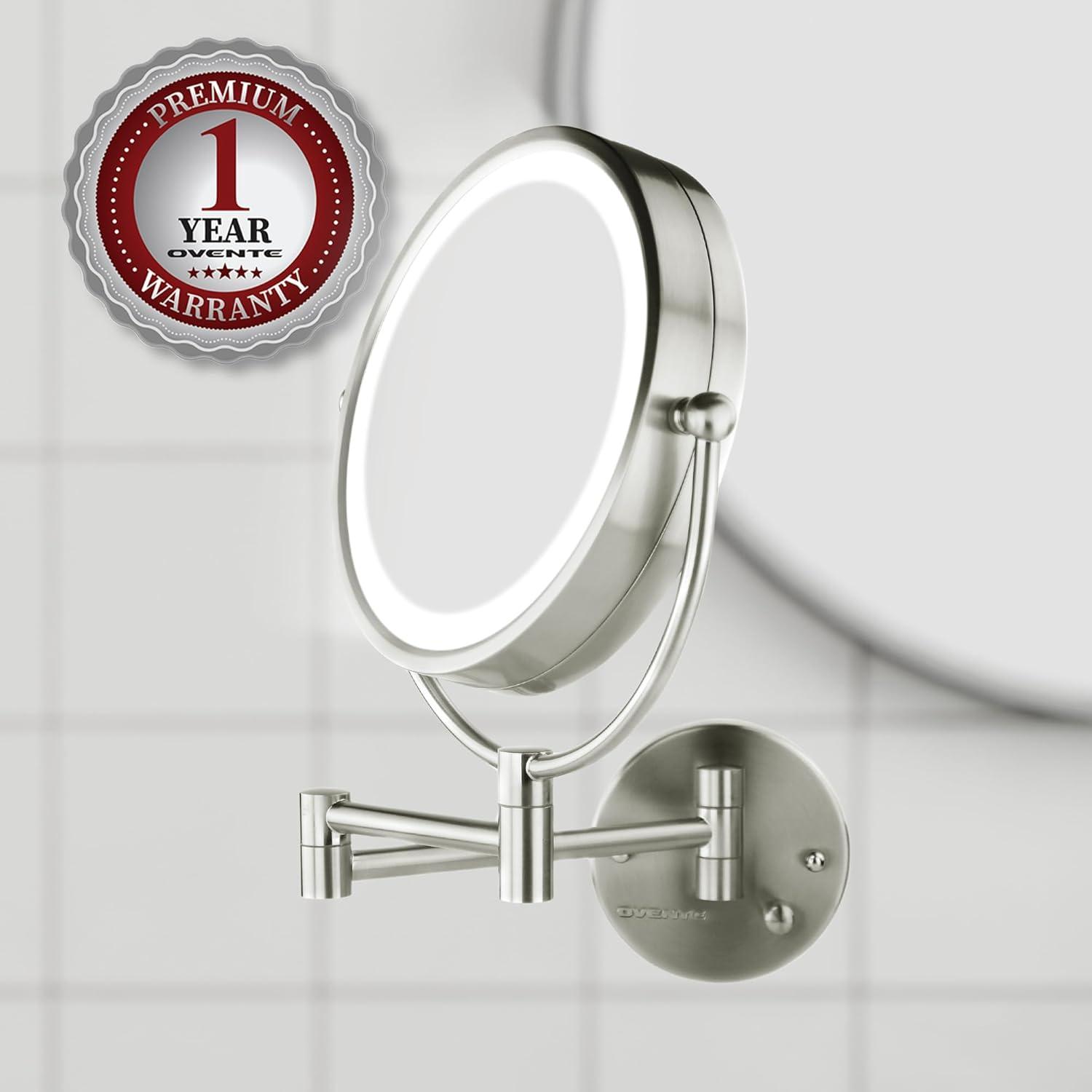 imageOVENTE Wall Mounted Lighted Makeup Vanity Mirror 9 Hard Wired Double Sided 1X7X Magnifying Bathroom Mirror Dimmable LED Lights 360 Rotation and 14 Extendable Arm Rubbed Bronze MPWD3185BZ1X7XNickel Brushed